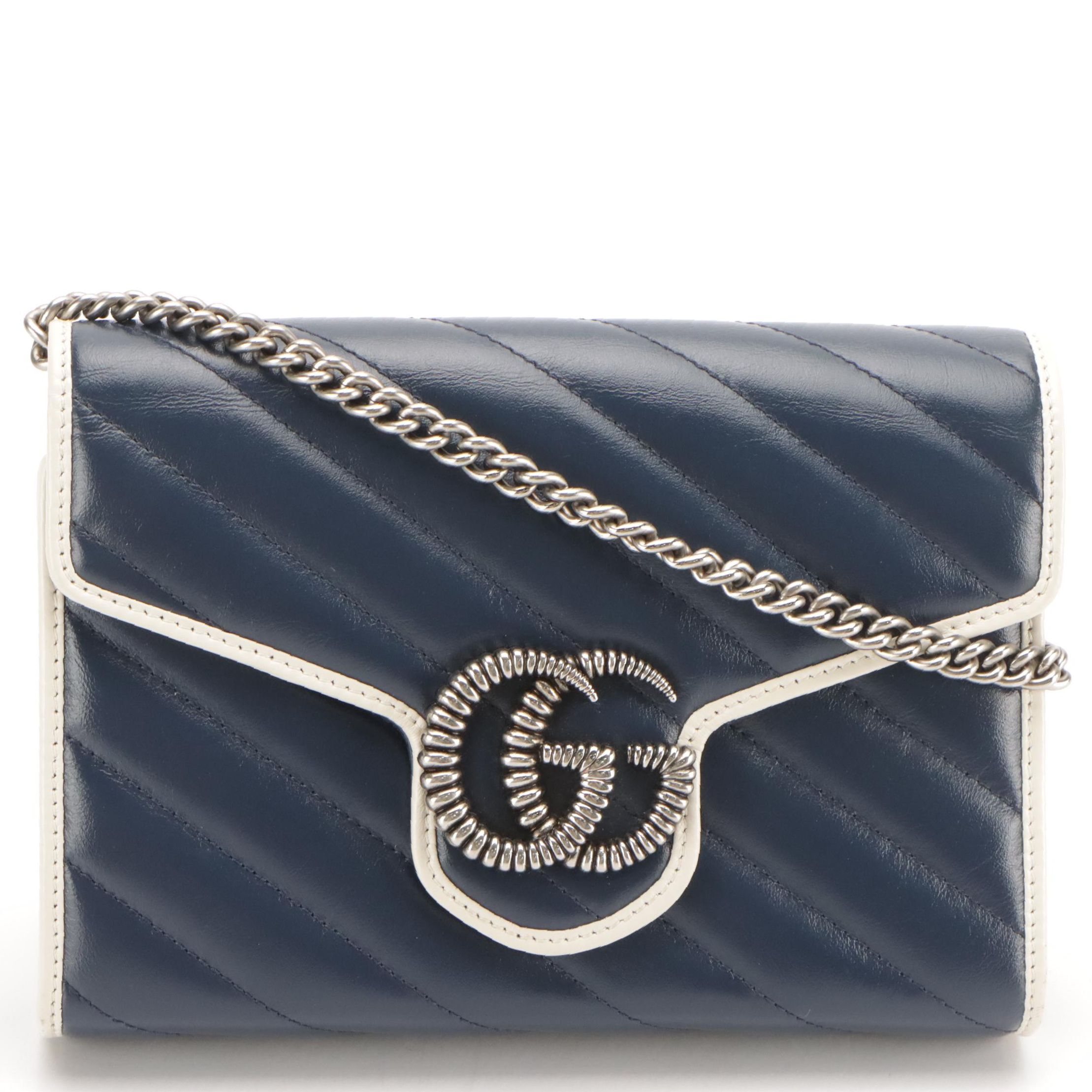 Gucci Mini GG Marmont Chain Wallet in Blue Diagonal Quilted Leather
