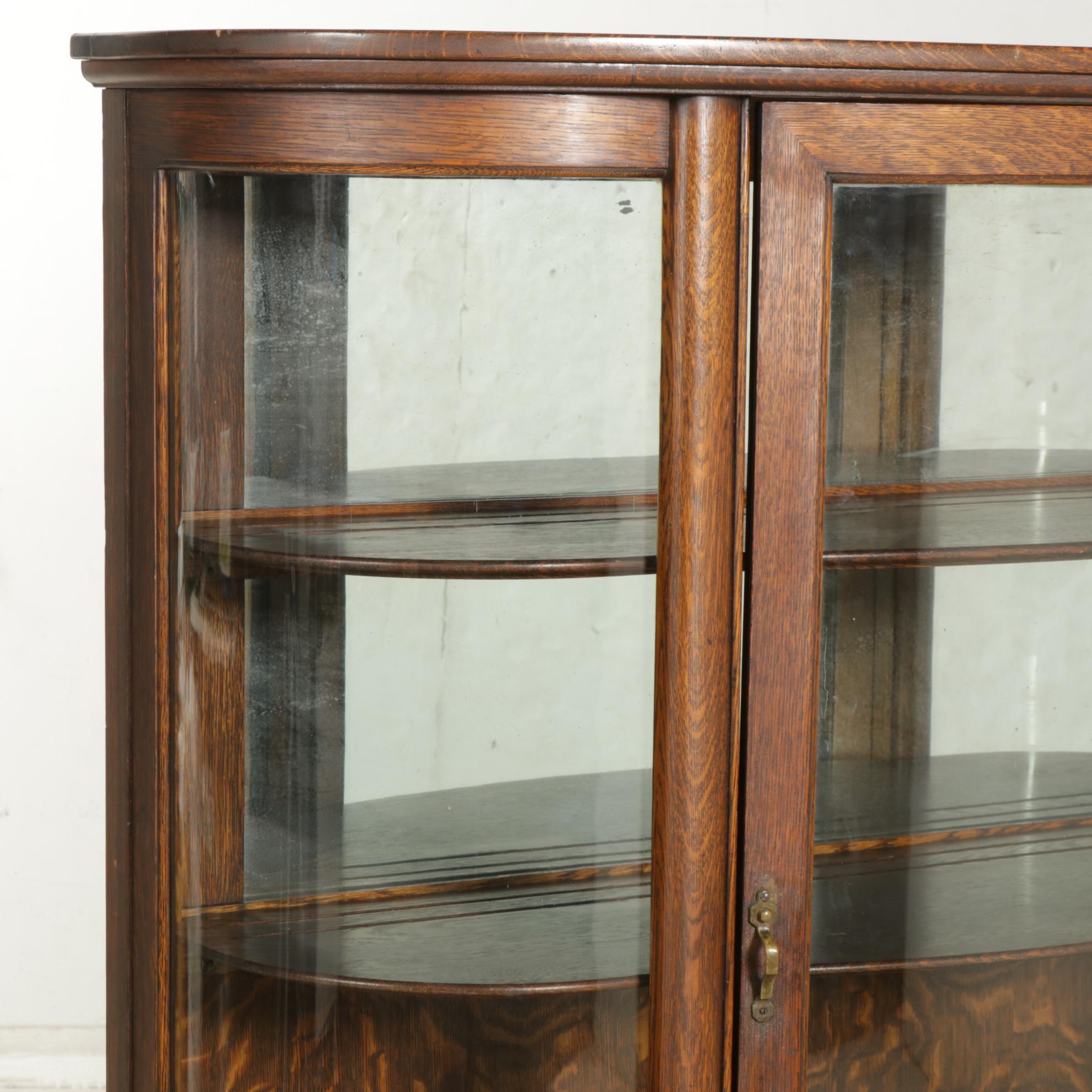 Victorian Oak Bow Front Display Cabinet with Lion's Paw Feet