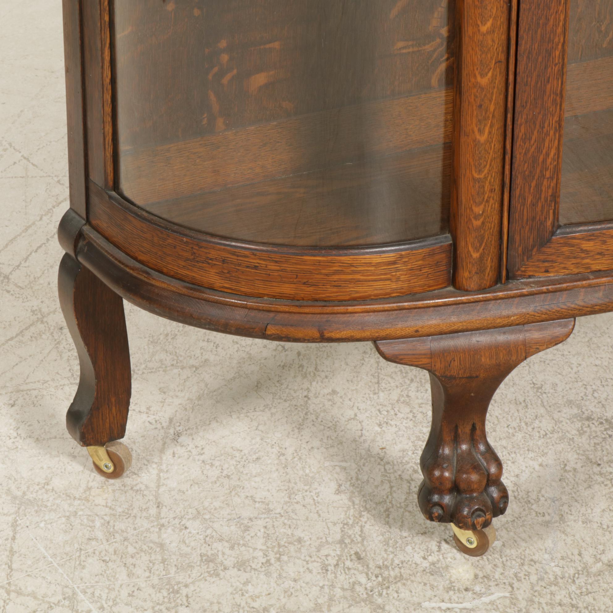 Victorian Oak Bow Front Display Cabinet with Lion's Paw Feet