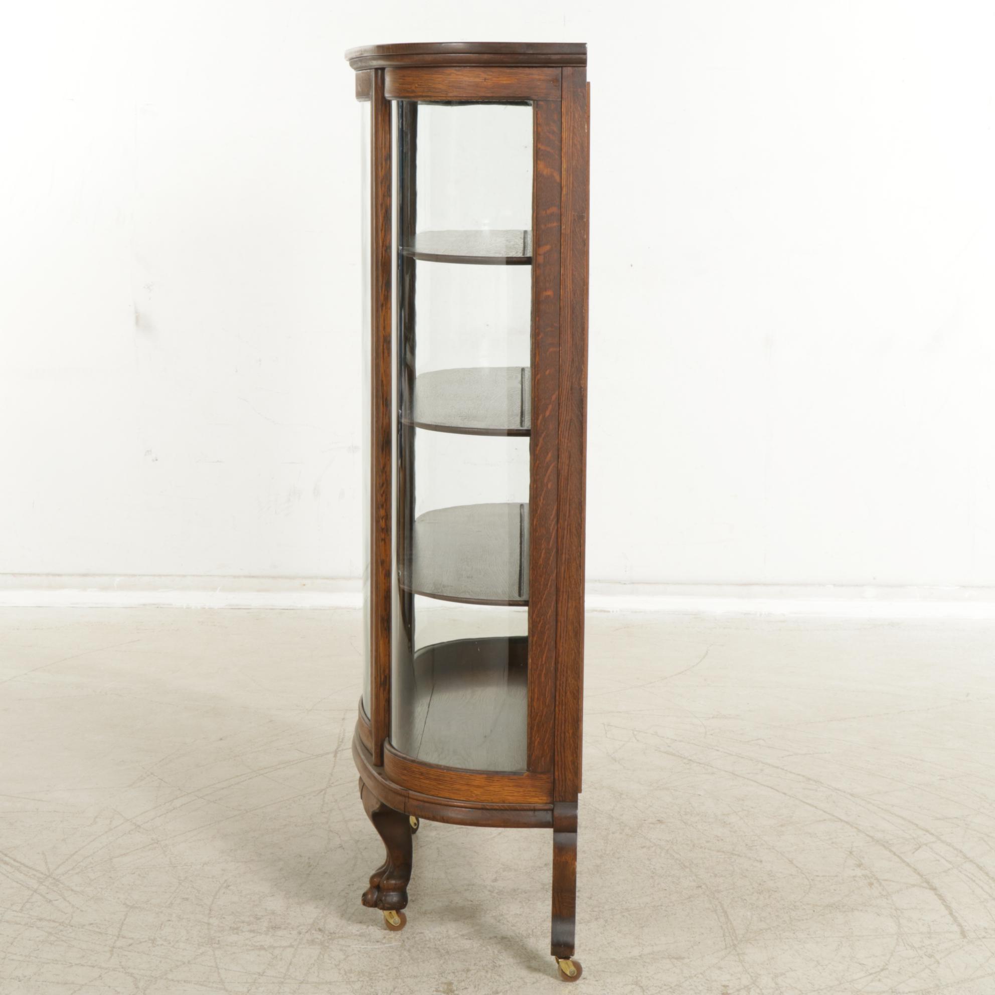 Victorian Oak Bow Front Display Cabinet with Lion's Paw Feet