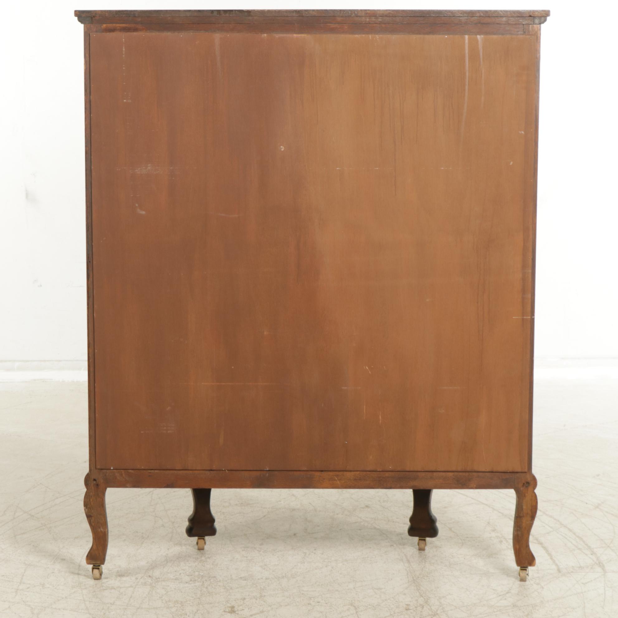 Victorian Oak Bow Front Display Cabinet with Lion's Paw Feet