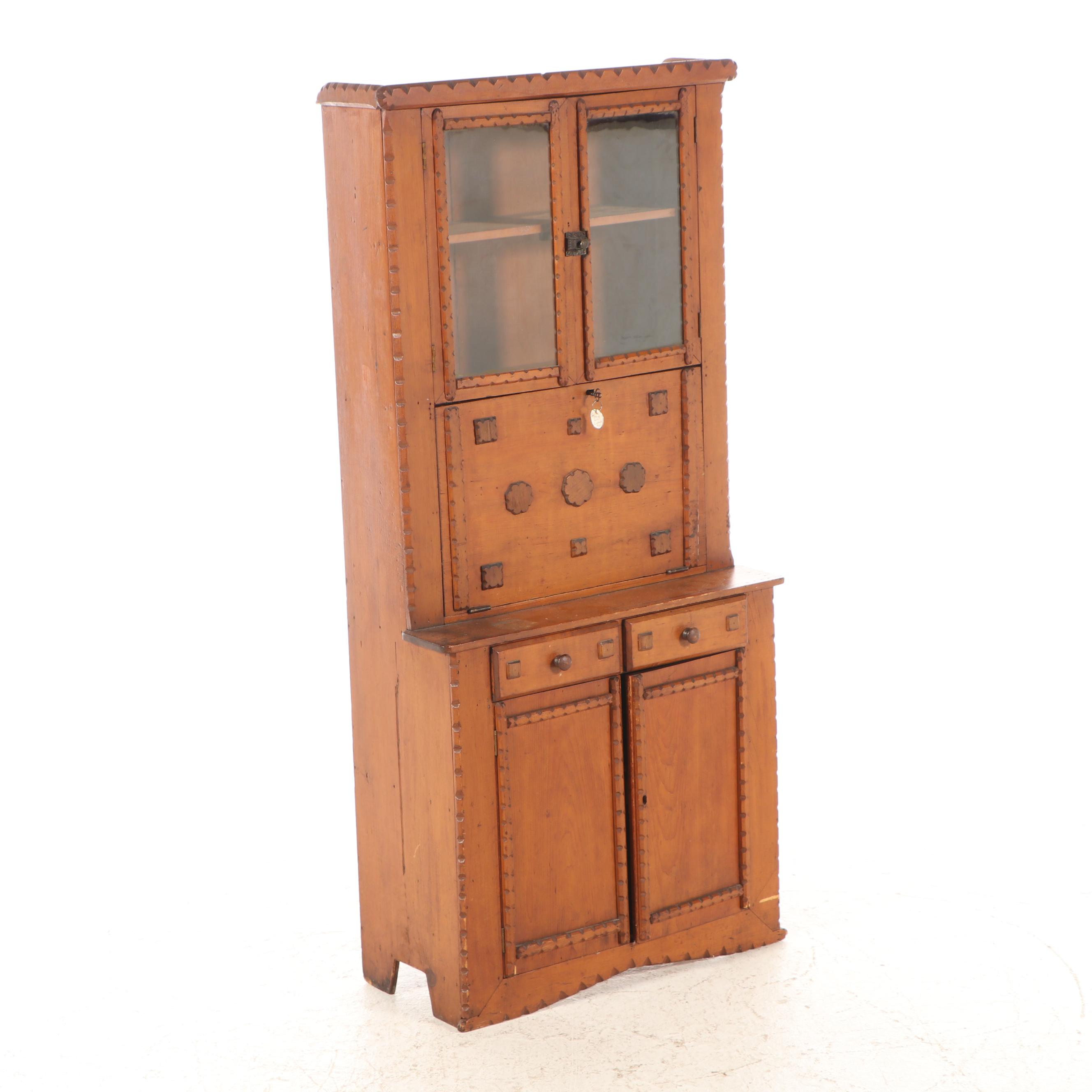 Child's Size Tramp Art Chip-Carved Pine Secretary Bookcase, Early 20th Century