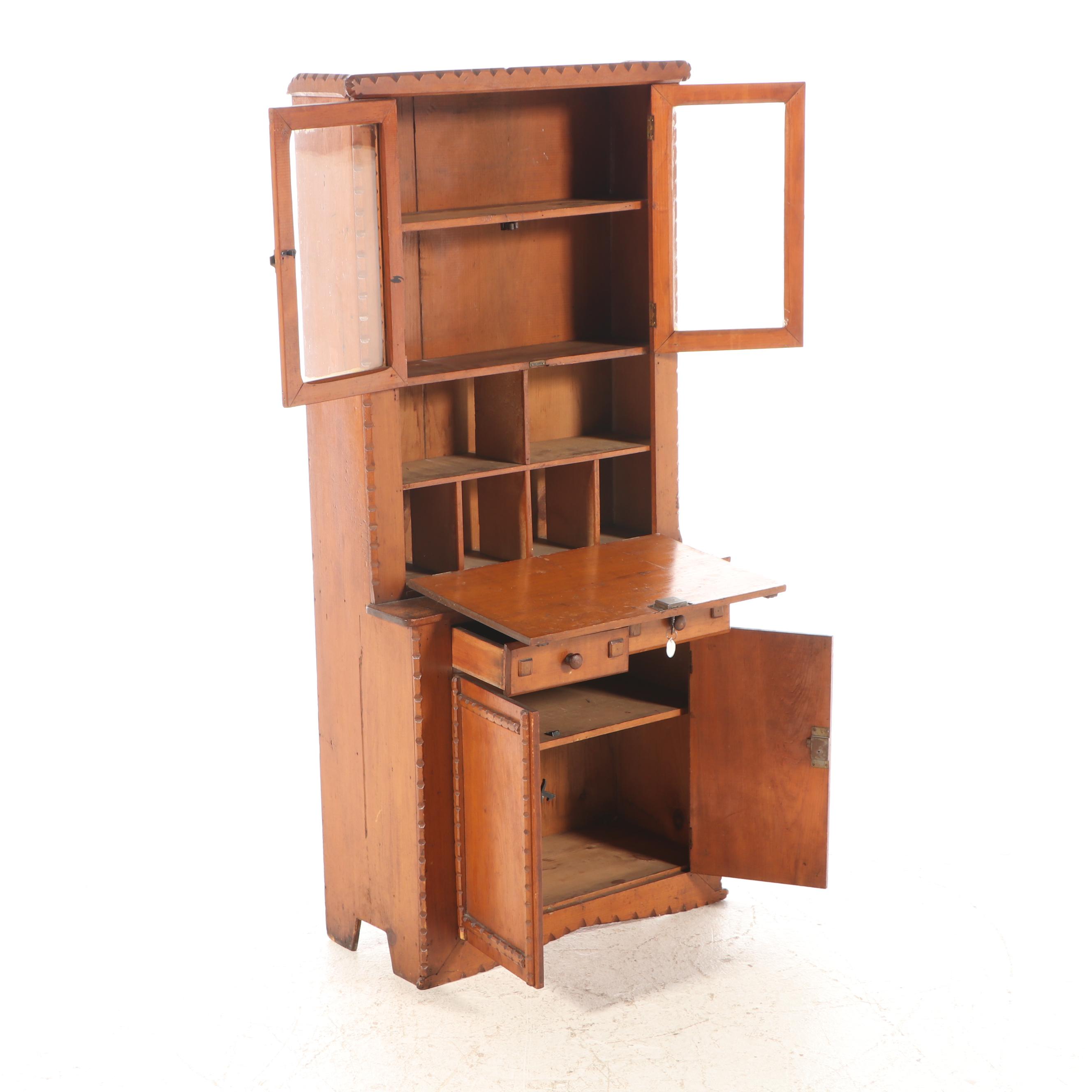 Child's Size Tramp Art Chip-Carved Pine Secretary Bookcase, Early 20th Century