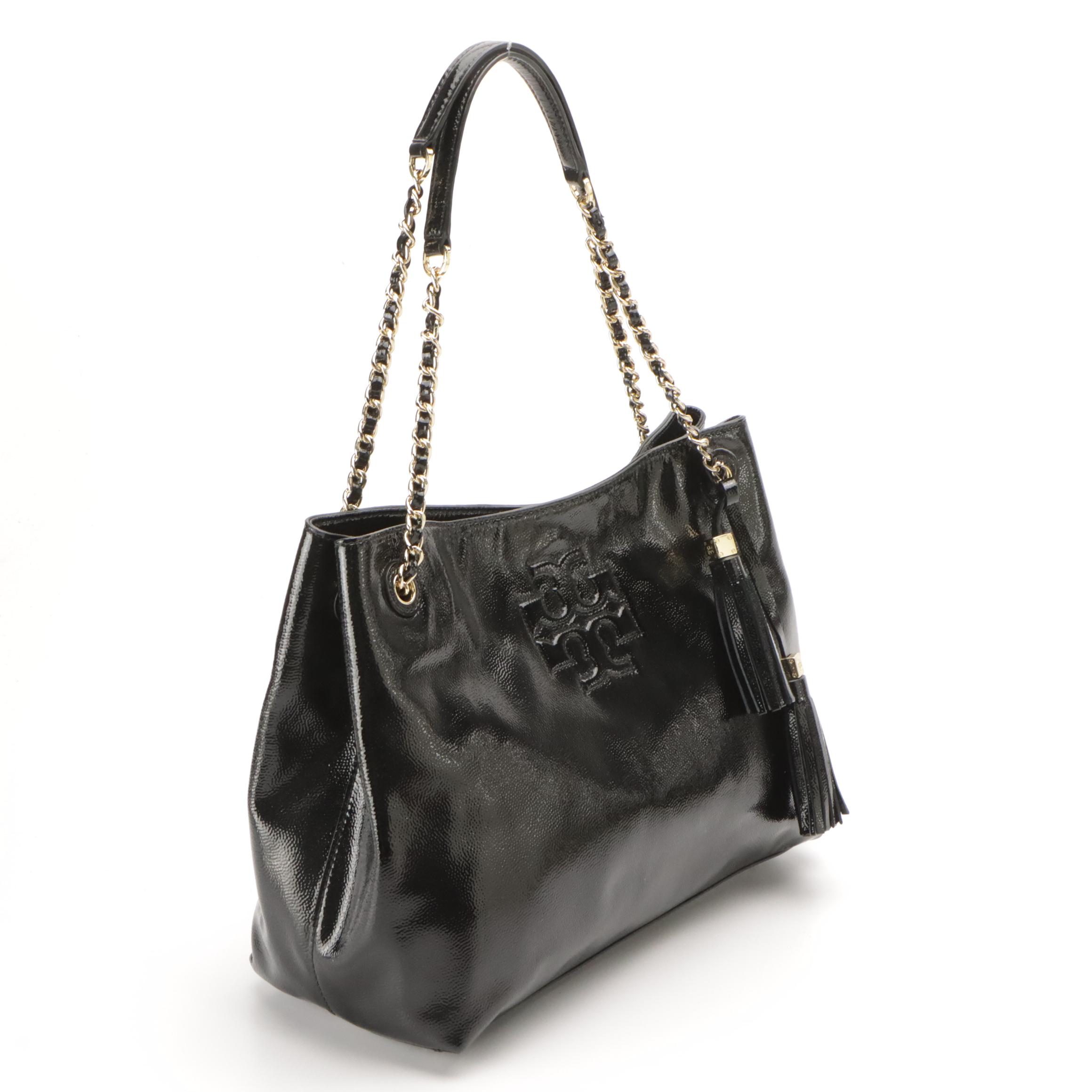 Tory Burch Chain Strap Shoulder Tote in Black Shiny Grained Patent Leather