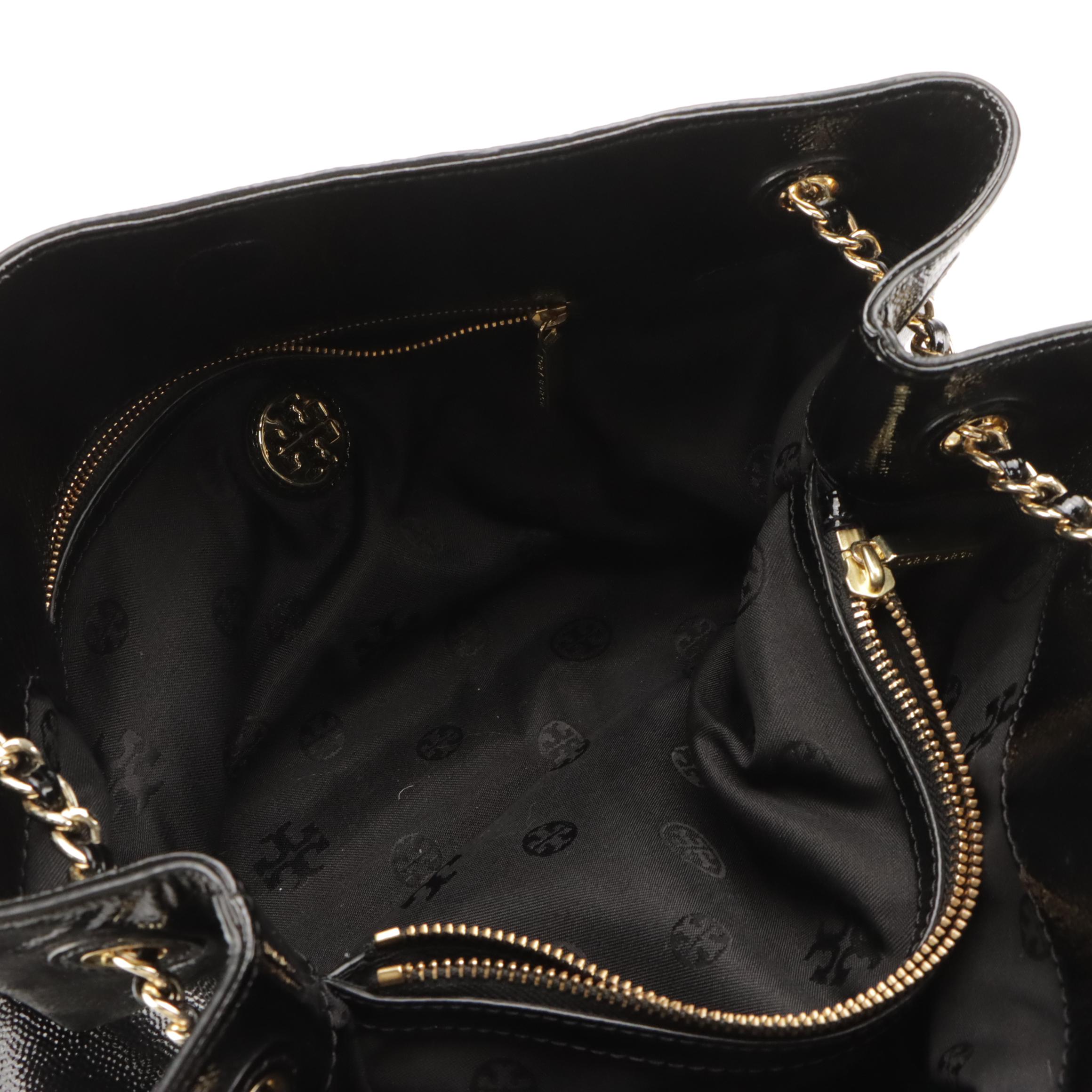 Tory Burch Chain Strap Shoulder Tote in Black Shiny Grained Patent Leather