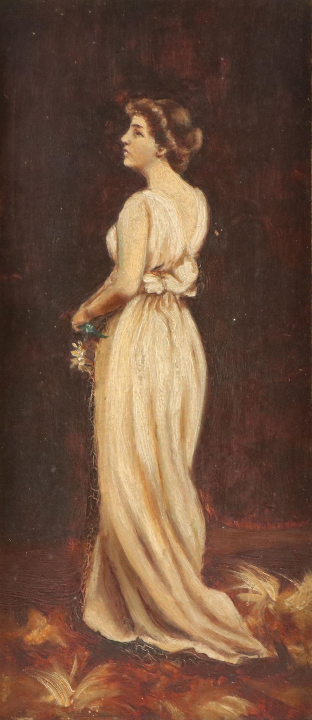 Oil Painting of Standing Woman in Gown, Early 20th Century