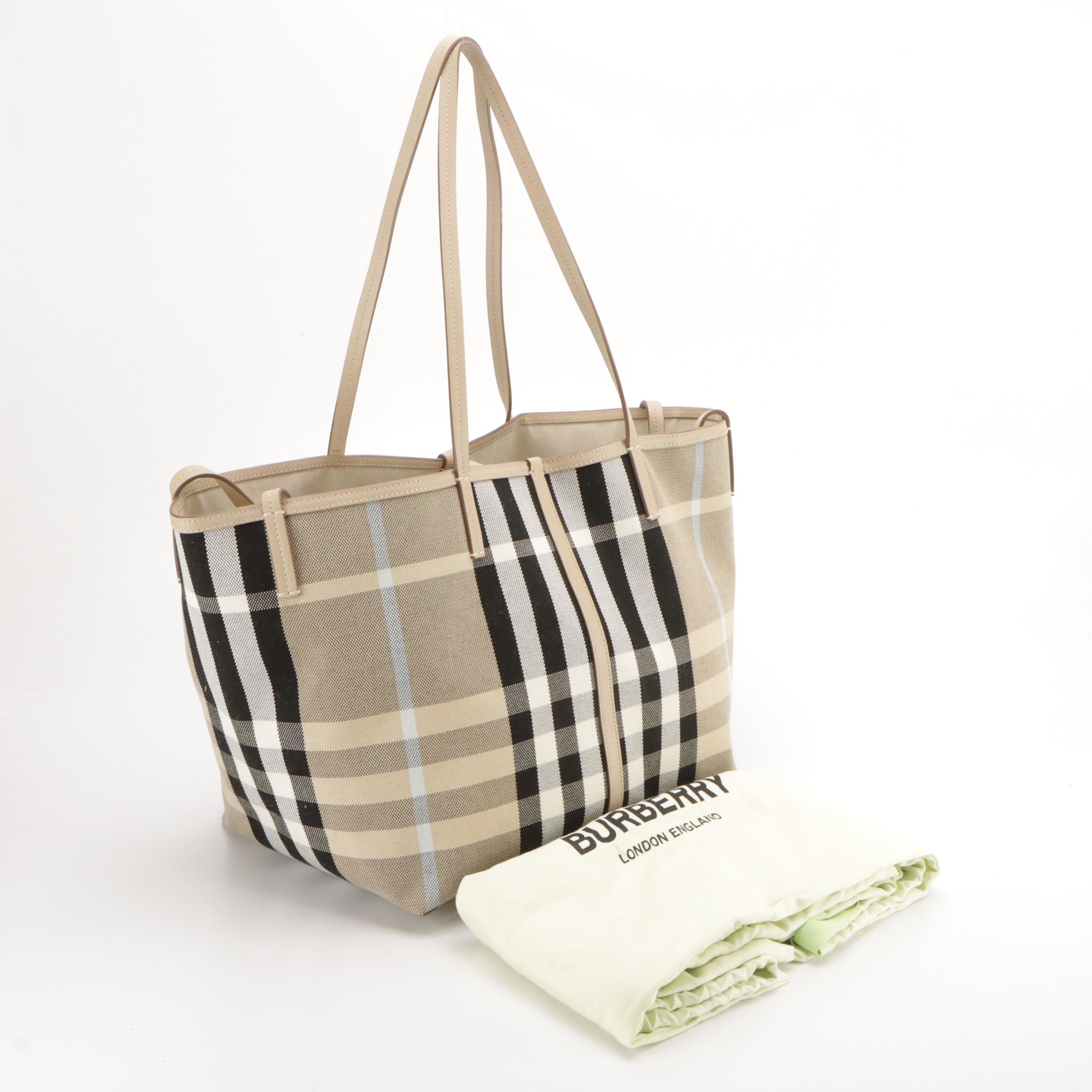 Burberry Beach Tote in Dusty Sand/Soft Fawn Check Canvas and Leather, With Tags