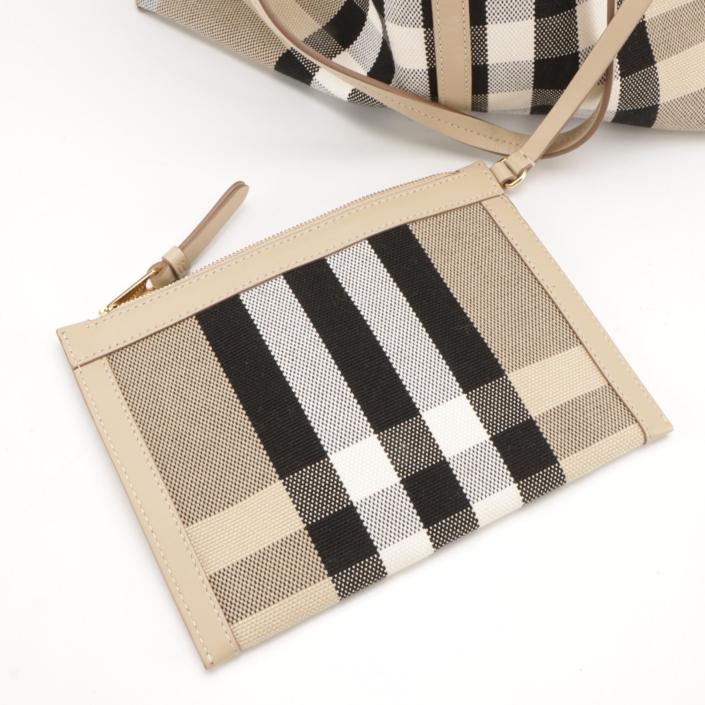 Burberry Beach Tote in Dusty Sand/Soft Fawn Check Canvas and Leather, With Tags