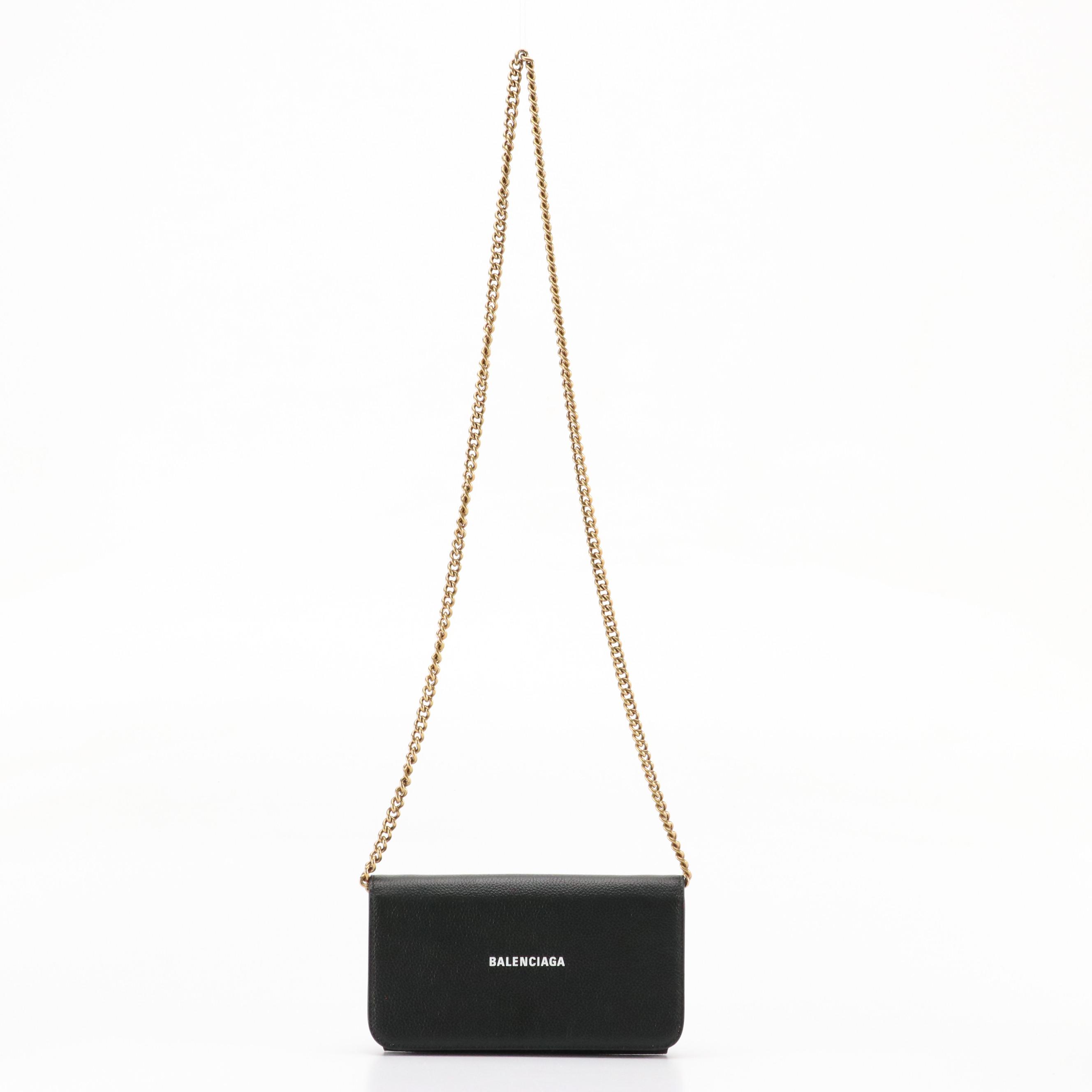 Balenciaga Cash Phone Chain Wallet in Black Grained Leather