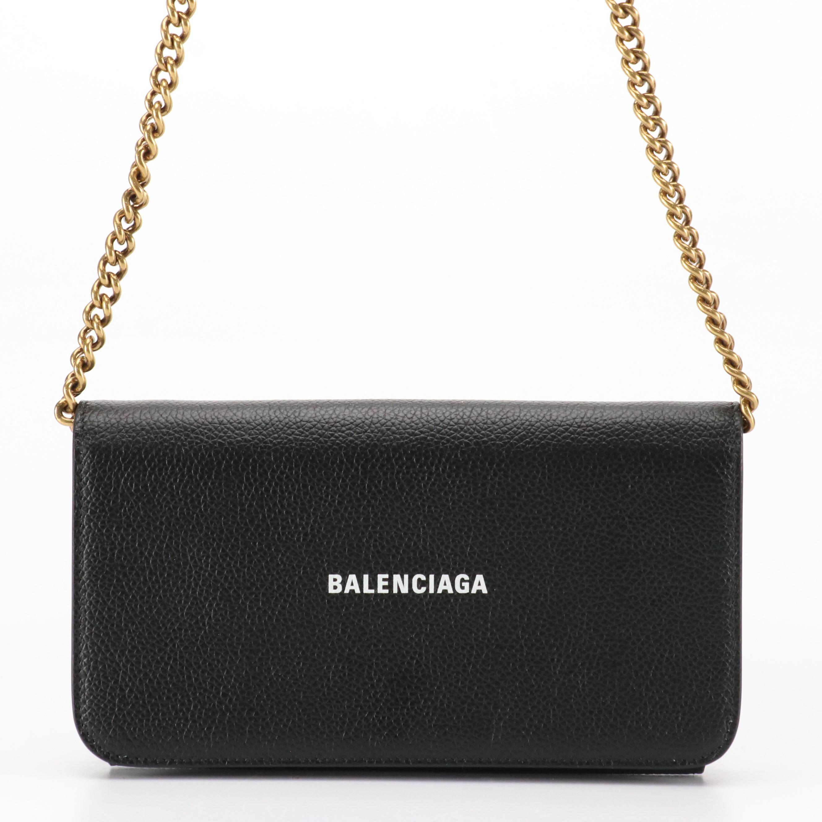 Balenciaga Cash Phone Chain Wallet in Black Grained Leather