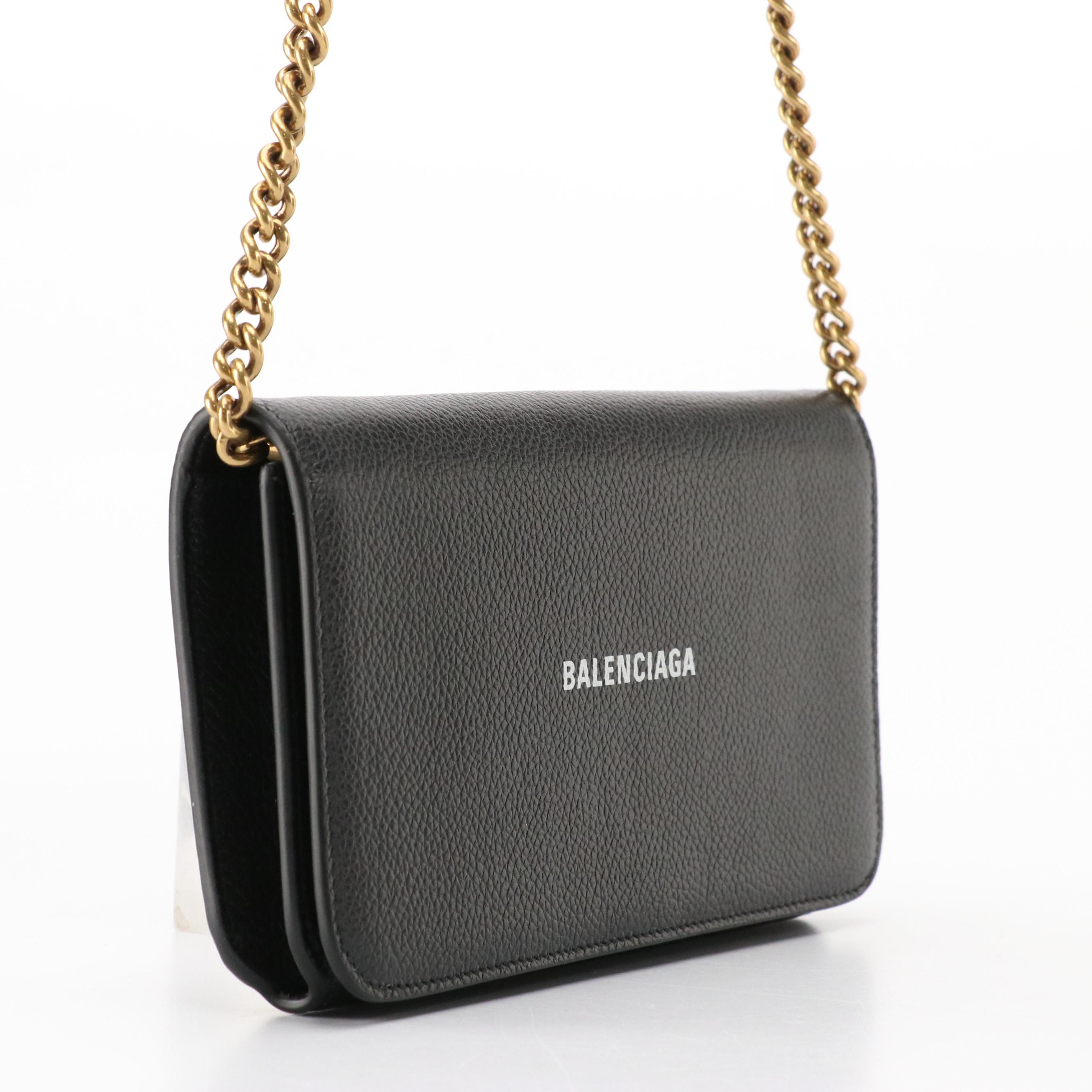 Balenciaga Cash Phone Chain Wallet in Black Grained Leather