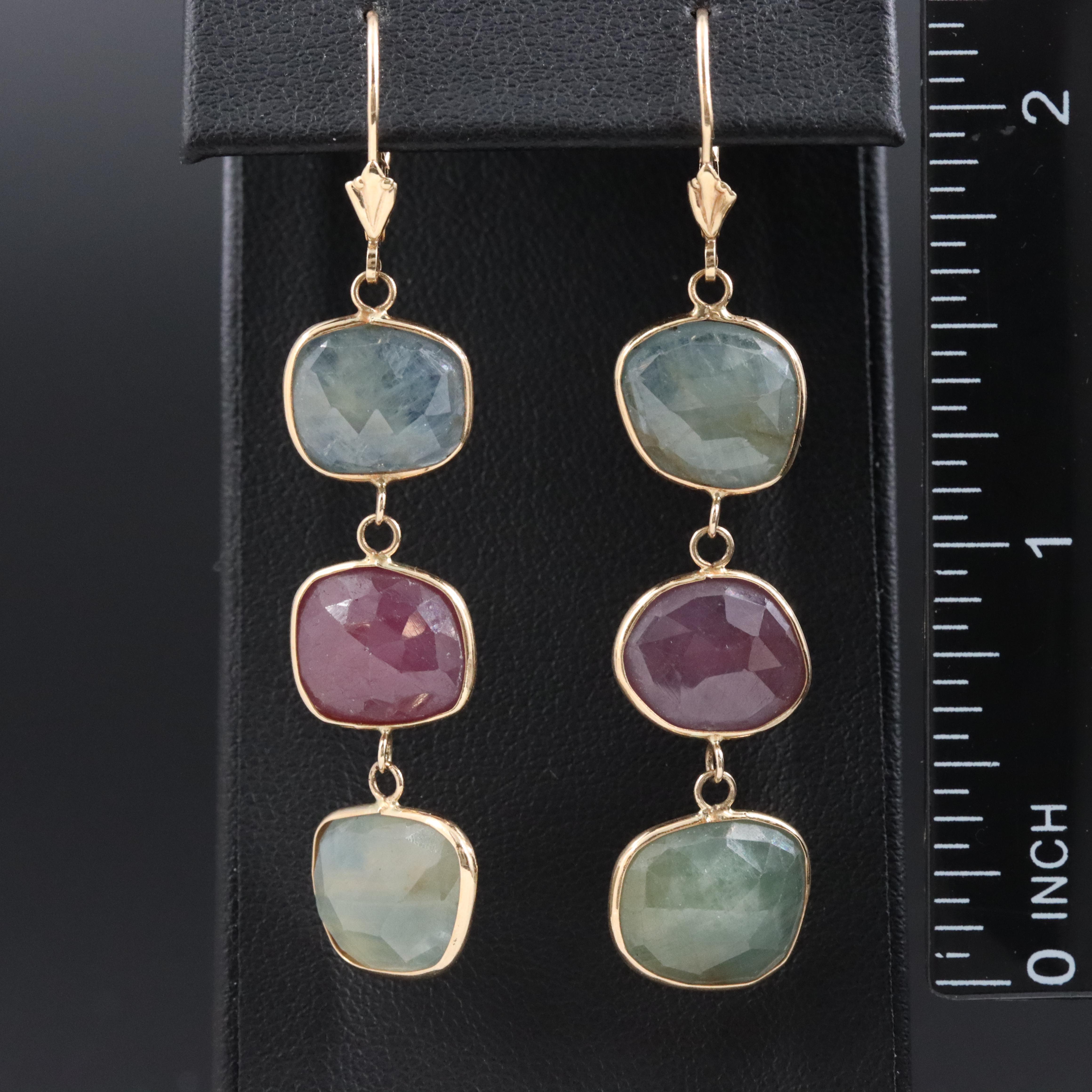 14K Ruby and Sapphire Dangle Earrings