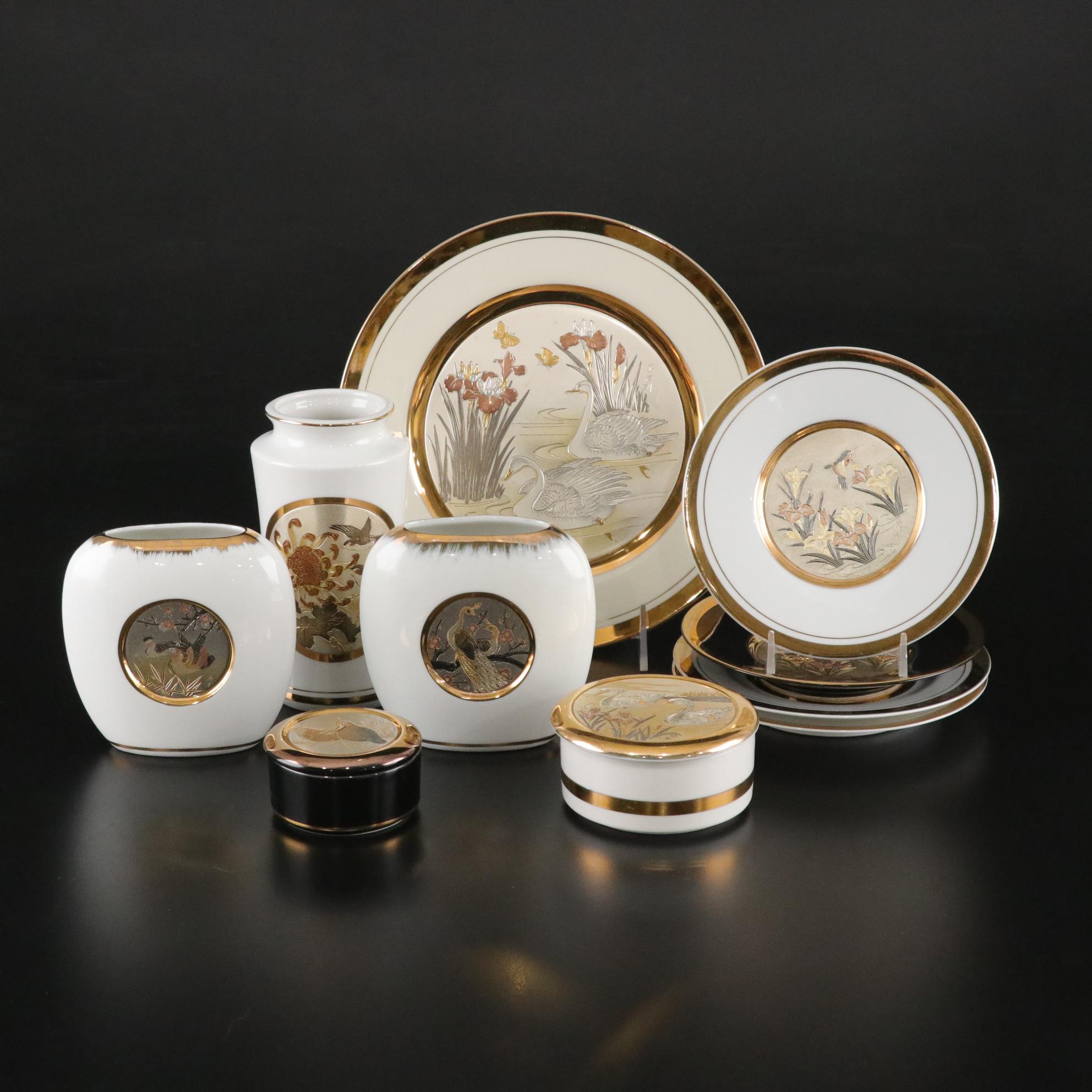 Japanese Chokin 24K and Copper Plate Porcelain Plates, Vases & More