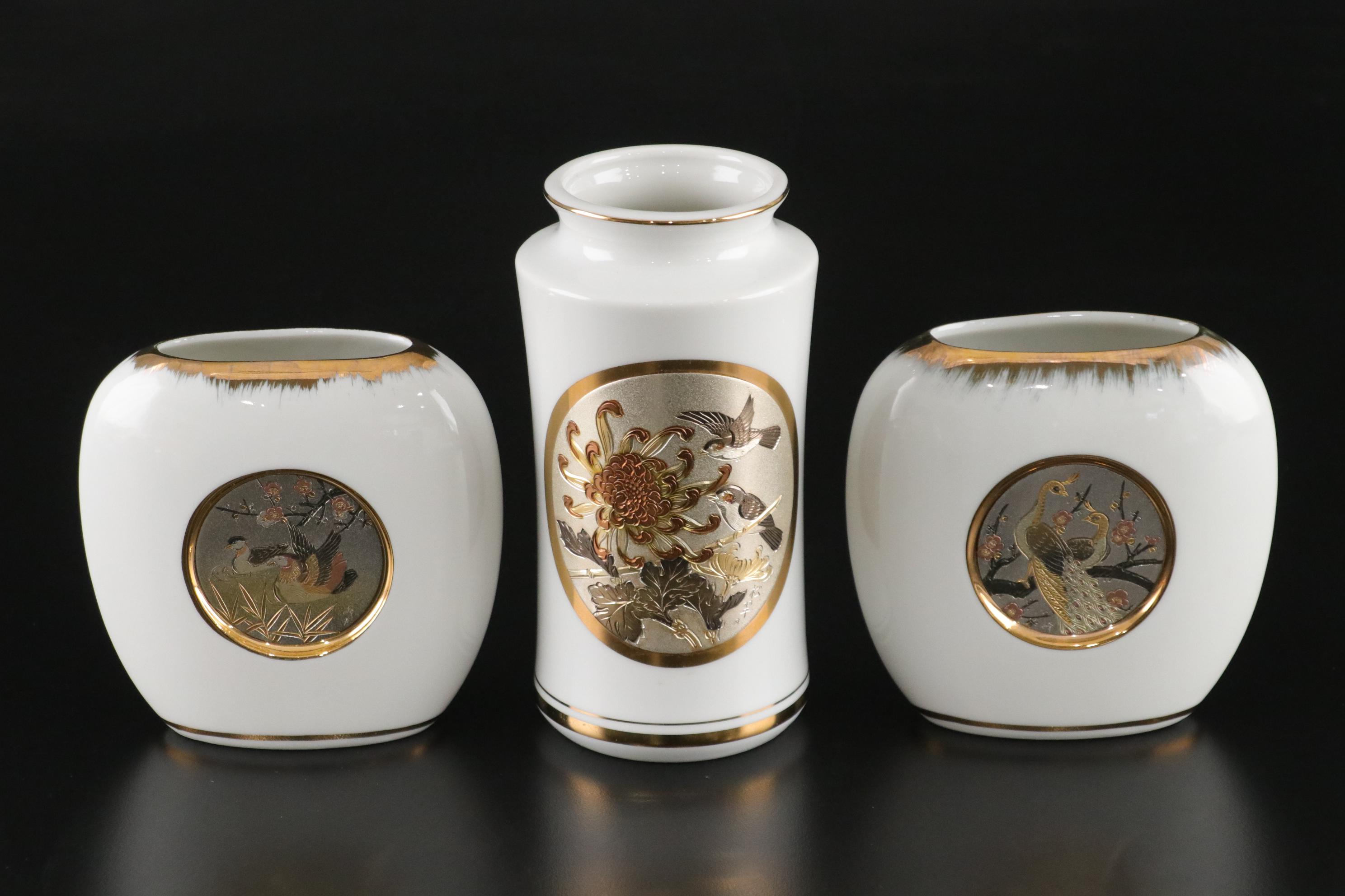 Japanese Chokin 24K and Copper Plate Porcelain Plates, Vases & More