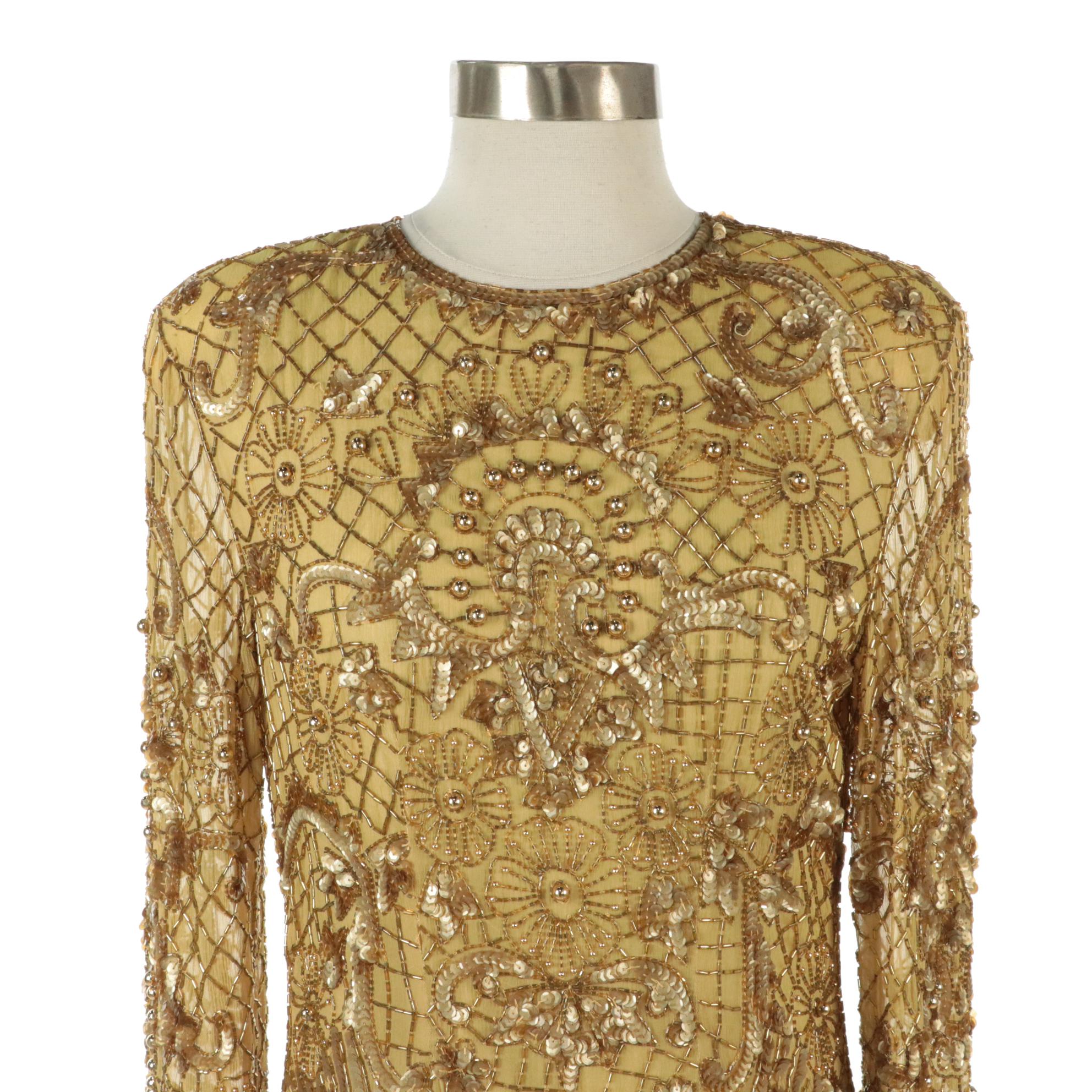 Lillie Rubin Vintage Sequin and Bead Embellished Silk Evening Dress