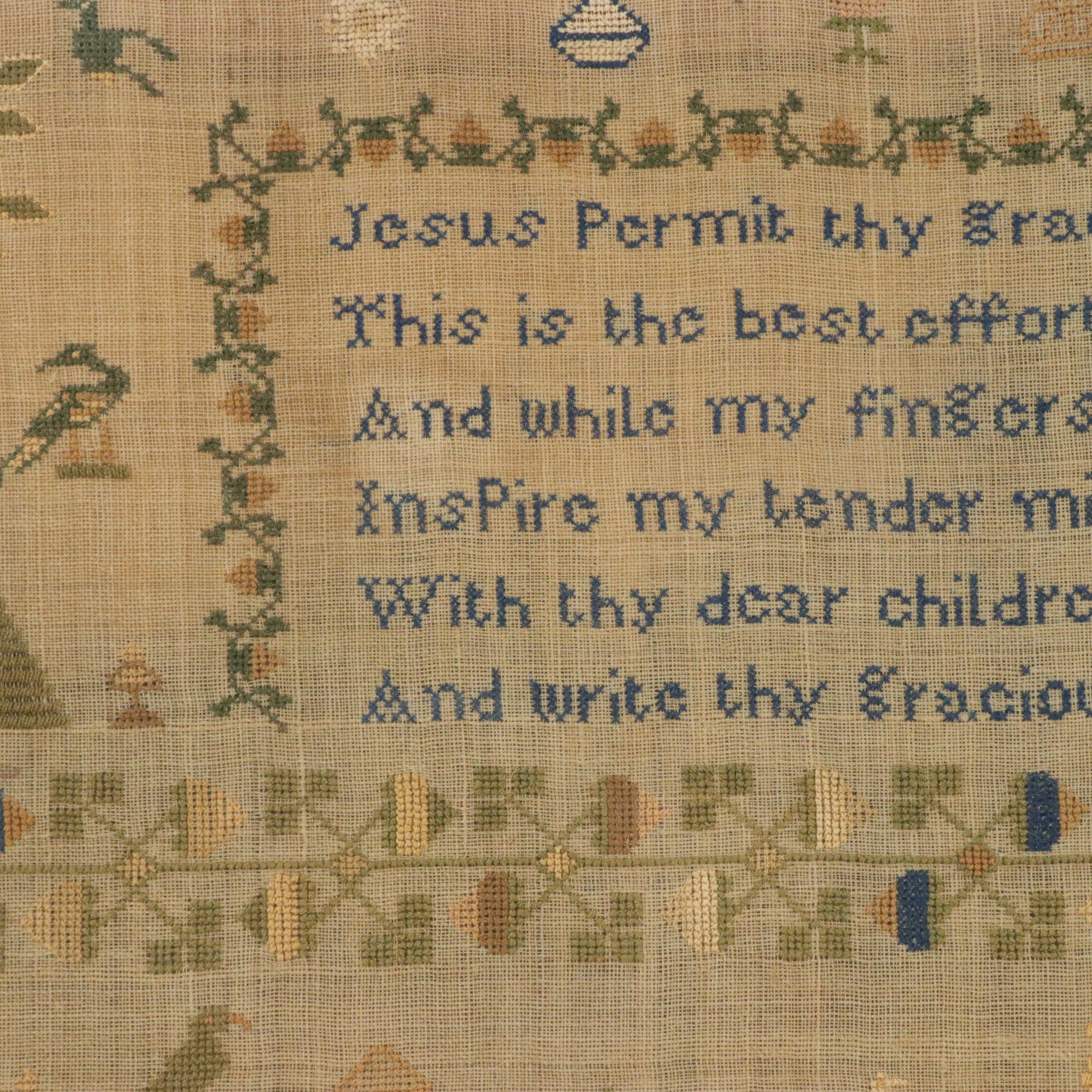 Hand-Embroidered Cross Stitch Sampler Panel With Prayer, 1837