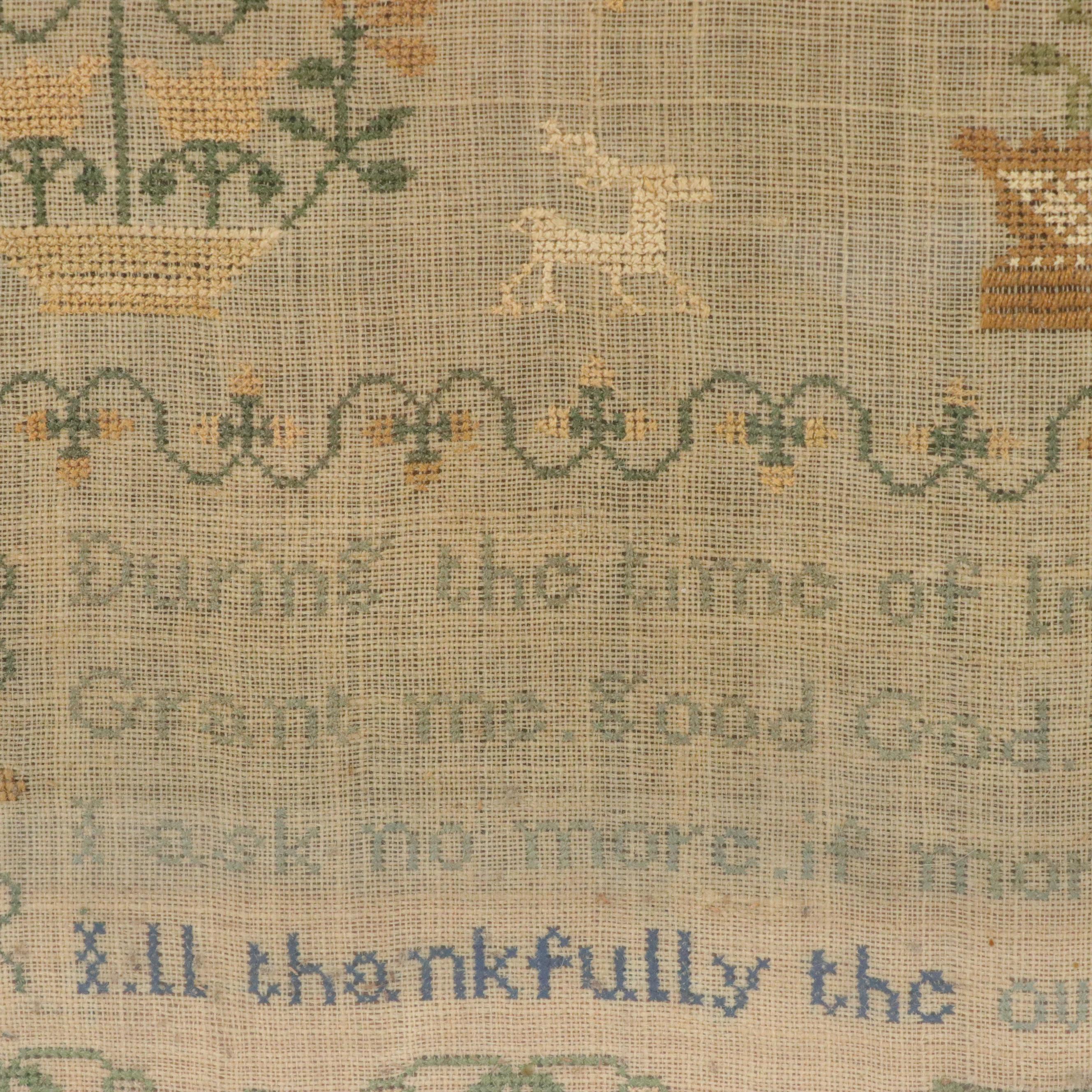 Hand-Embroidered Cross Stitch Sampler Panel With Prayer, 1837