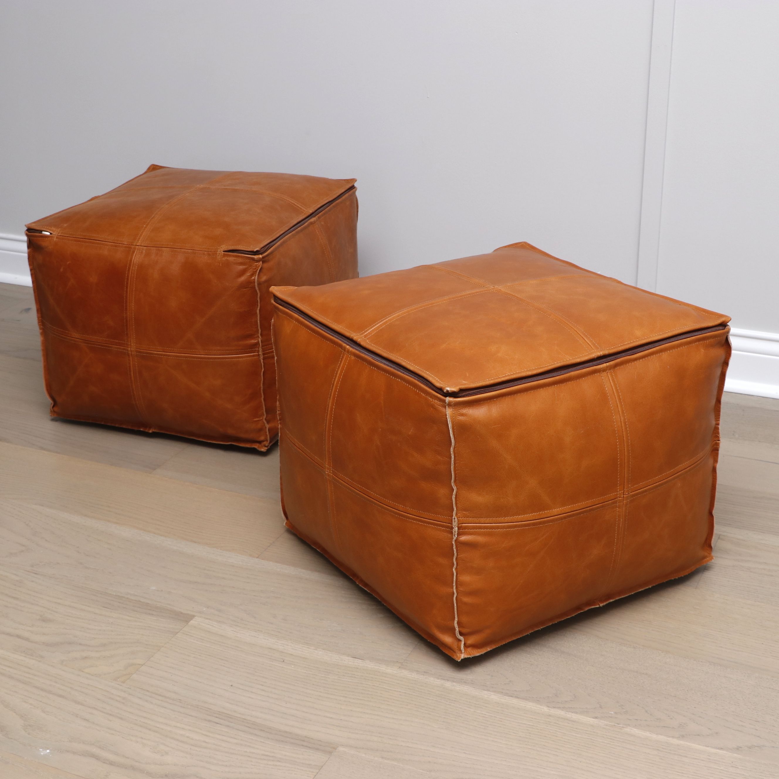 Pair of Square Leather Poufs