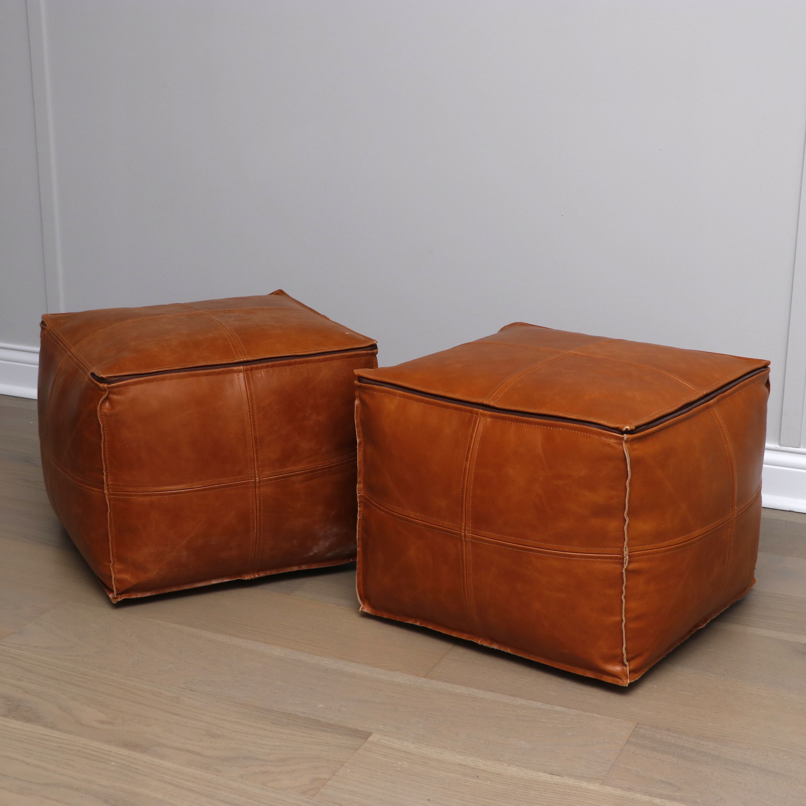 Pair of Square Leather Poufs