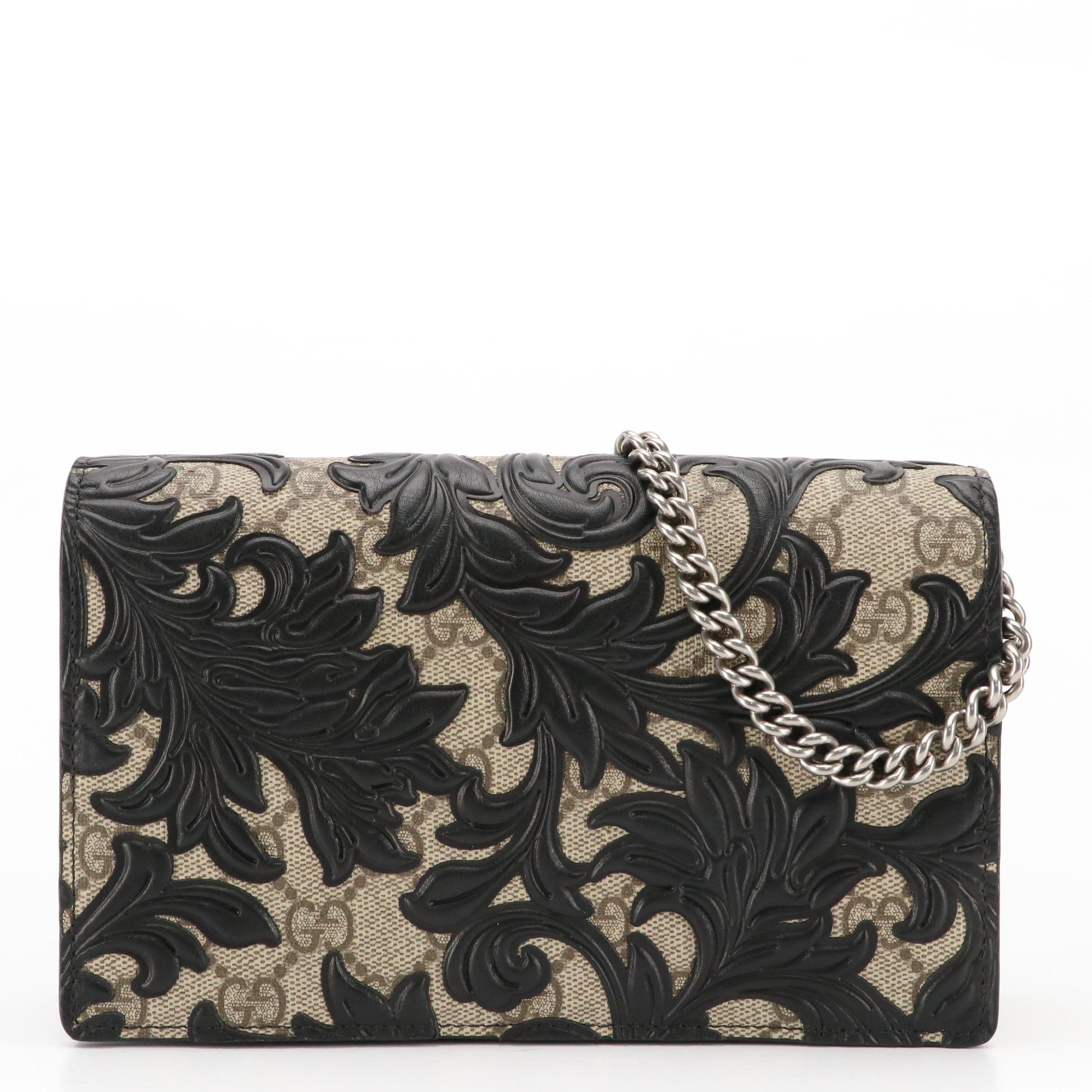 Gucci Chain Strap Clutch Wallet in Black Arabesque GG Supreme Canvas