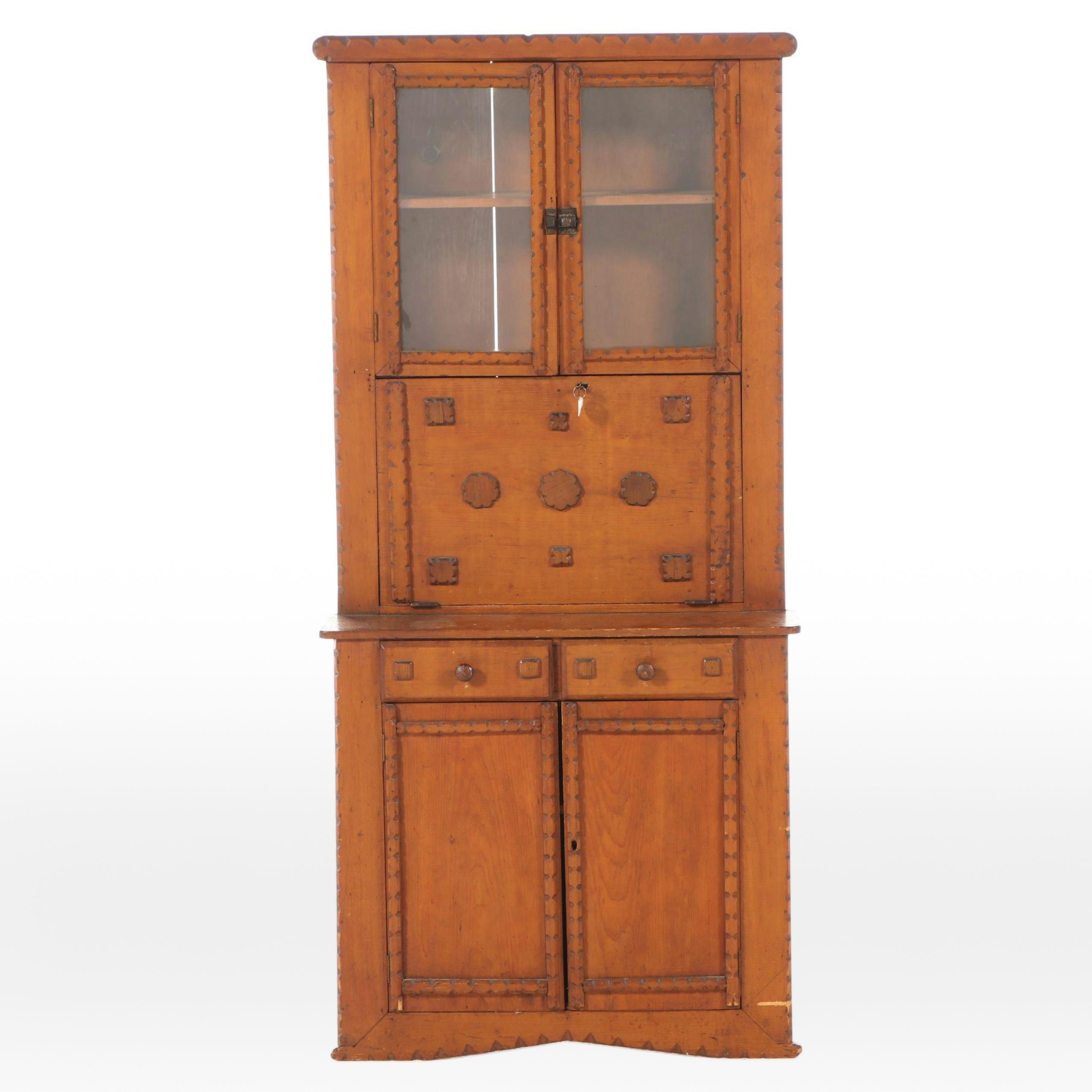 Child's Size Tramp Art Chip-Carved Pine Secretary Bookcase, Early 20th Century