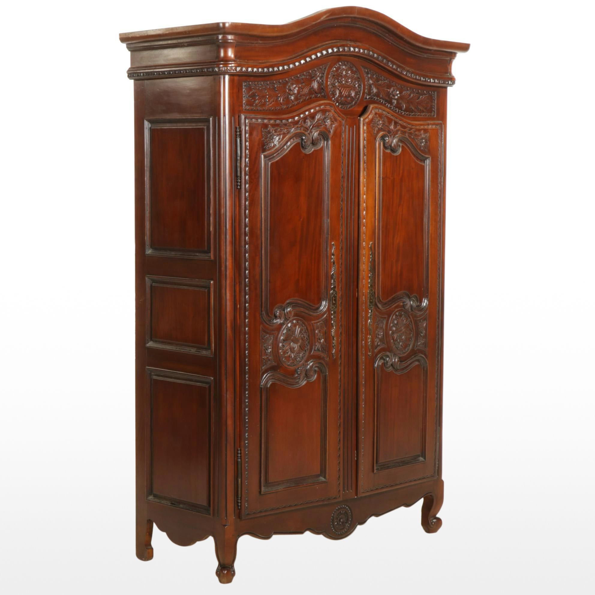French Provincial Style Carved Wood Armoire Converted to Entertainment Cabinet