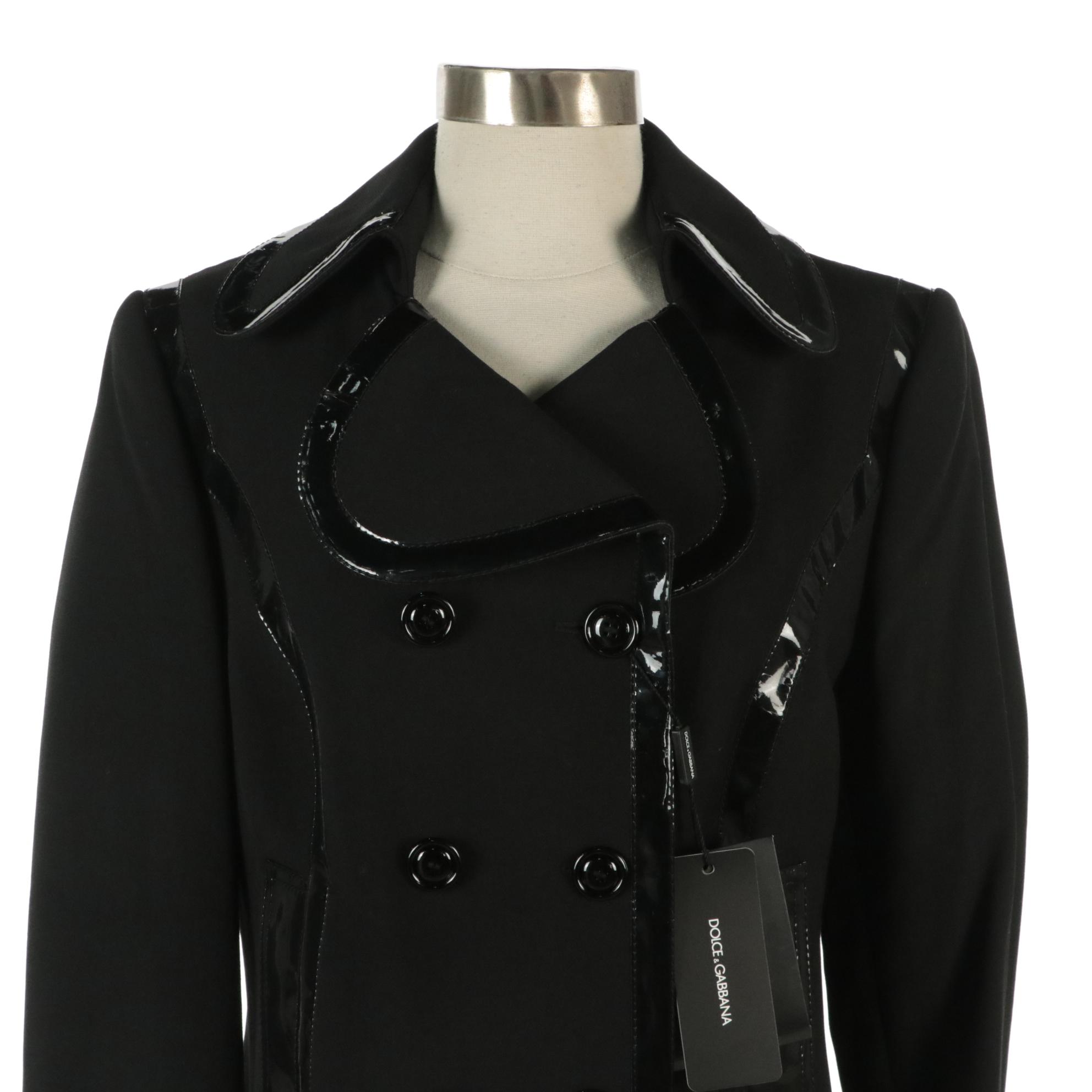 Dolce & Gabbana Black Patent Leather Trimmed Wool Blend Blazer, With Tags