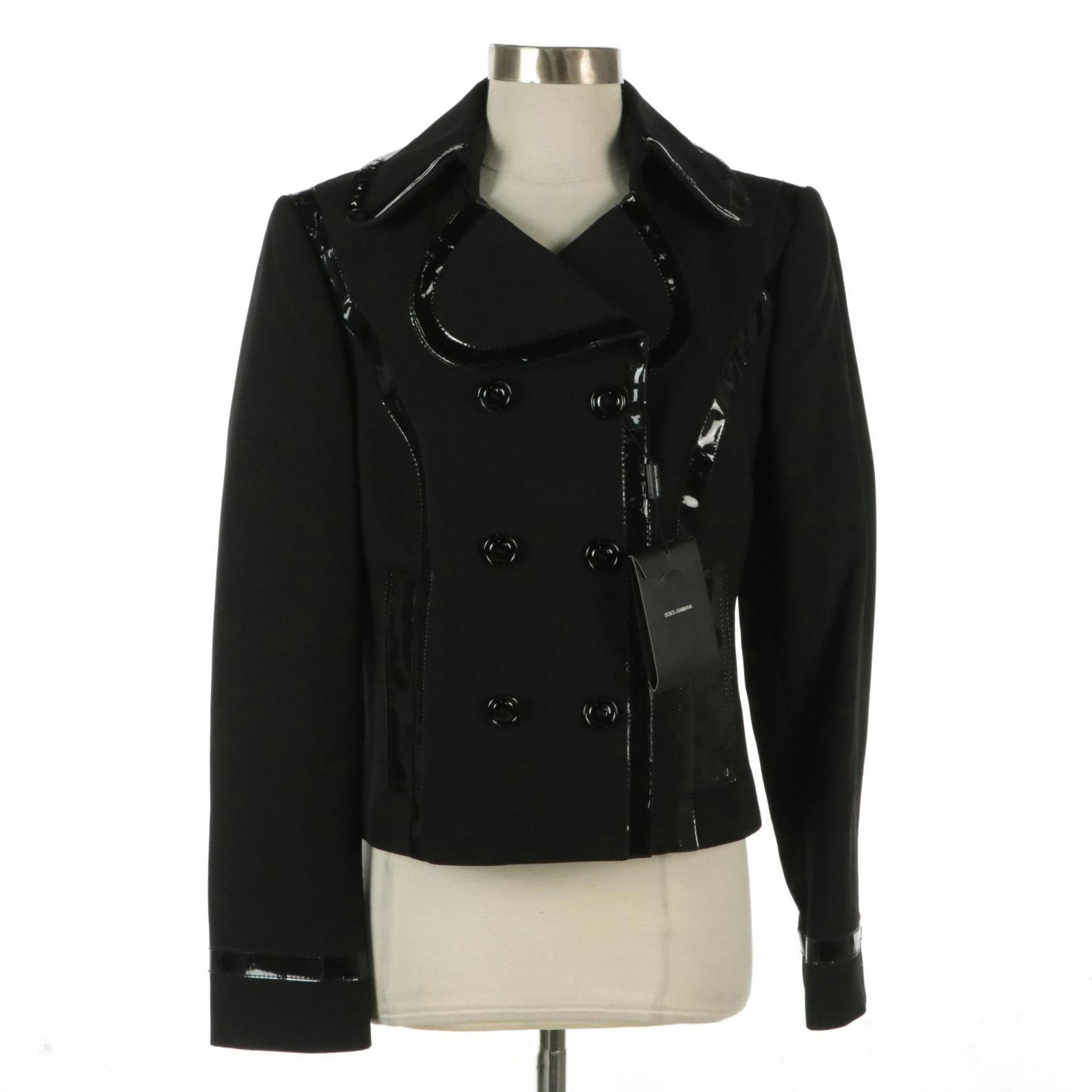 Dolce & Gabbana Black Patent Leather Trimmed Wool Blend Blazer, With Tags