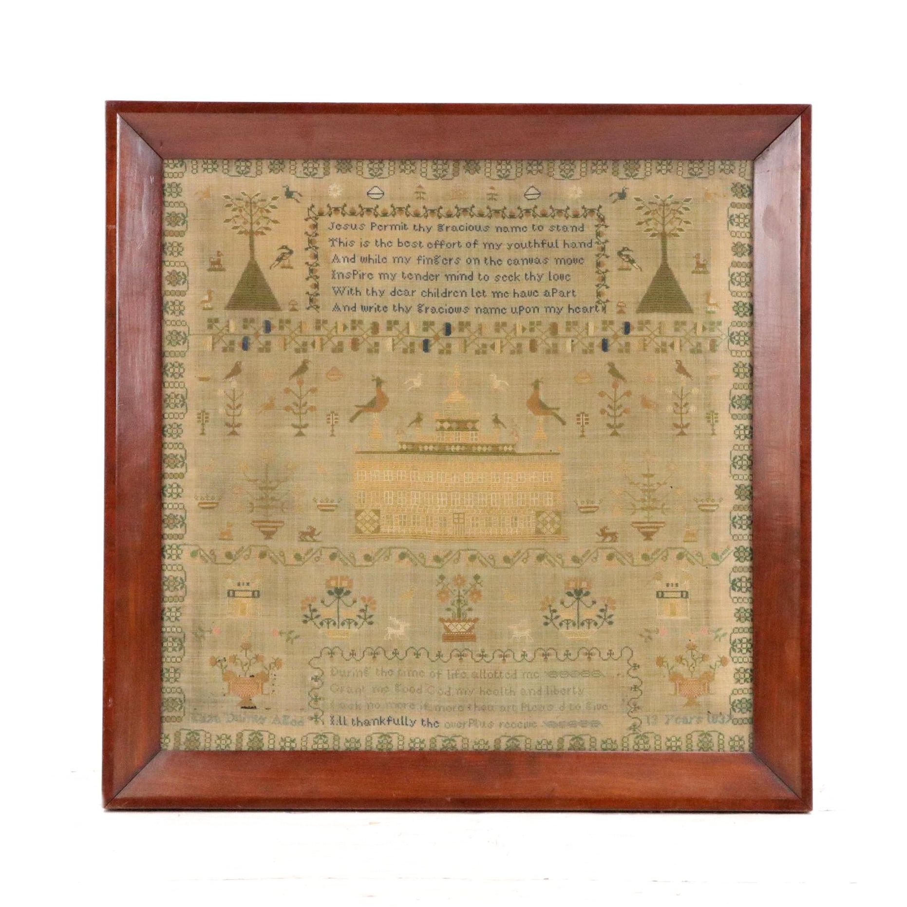 Hand-Embroidered Cross Stitch Sampler Panel With Prayer, 1837