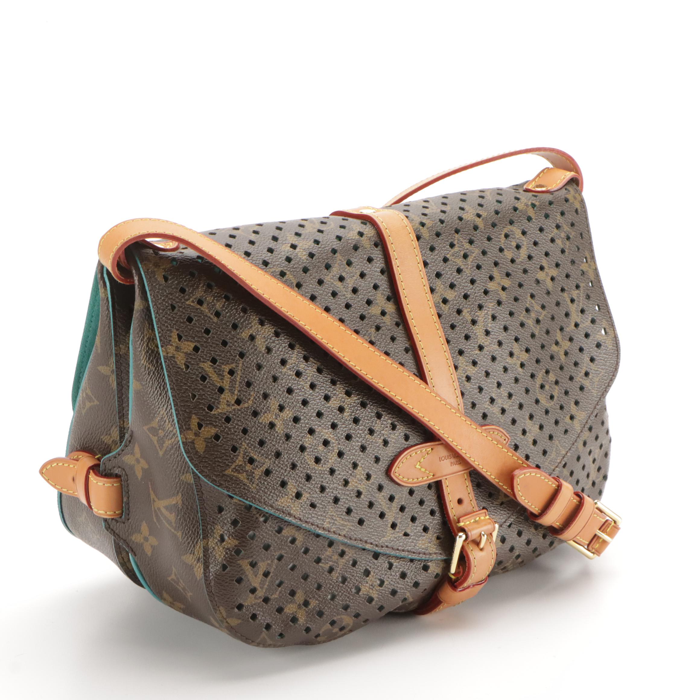 Louis Vuitton Flore Saumur Bag in Perforated Monogram Canvas & Teal Leather Trim