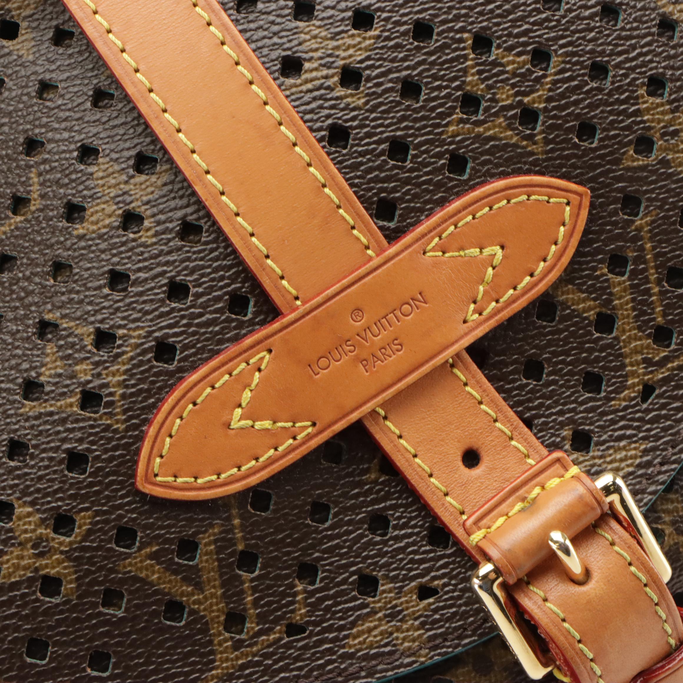 Louis Vuitton Flore Saumur Bag in Perforated Monogram Canvas & Teal Leather Trim