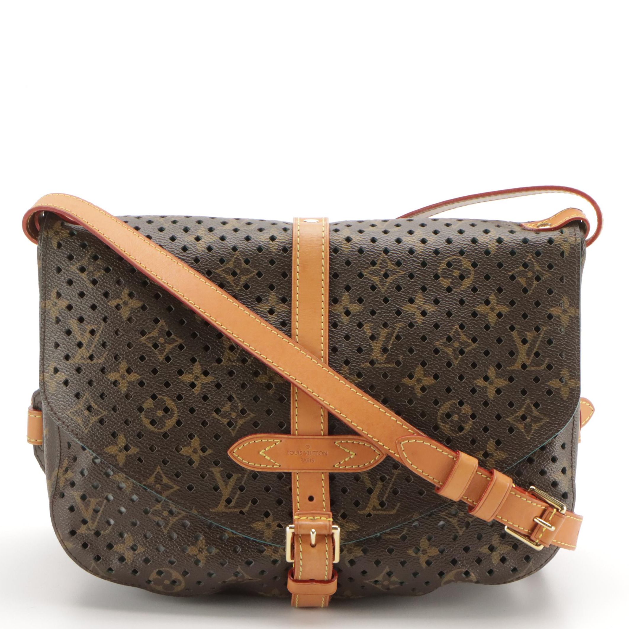 Louis Vuitton Flore Saumur Bag in Perforated Monogram Canvas & Teal Leather Trim