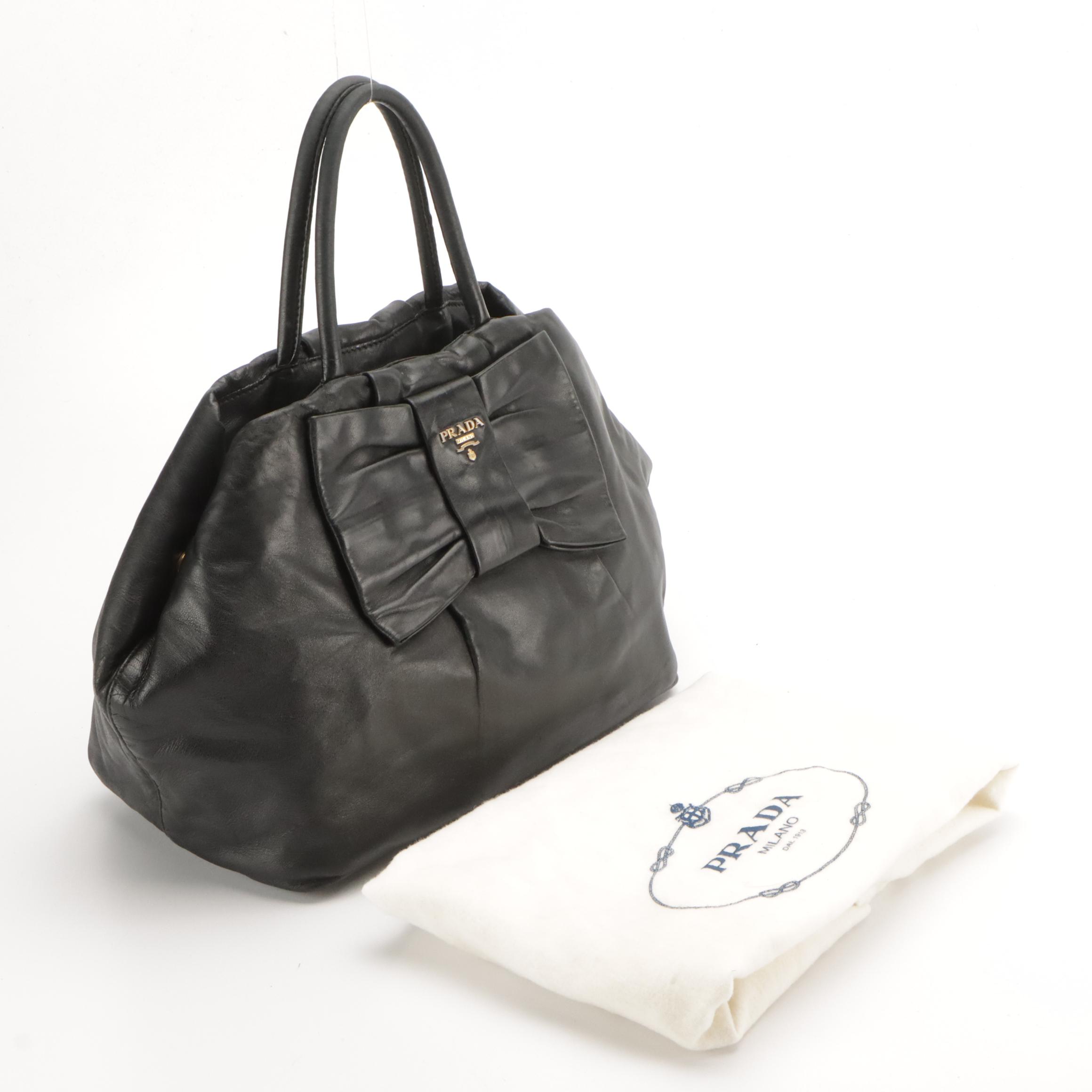 Prada Black Leather Bow Accented Top Handle Bag