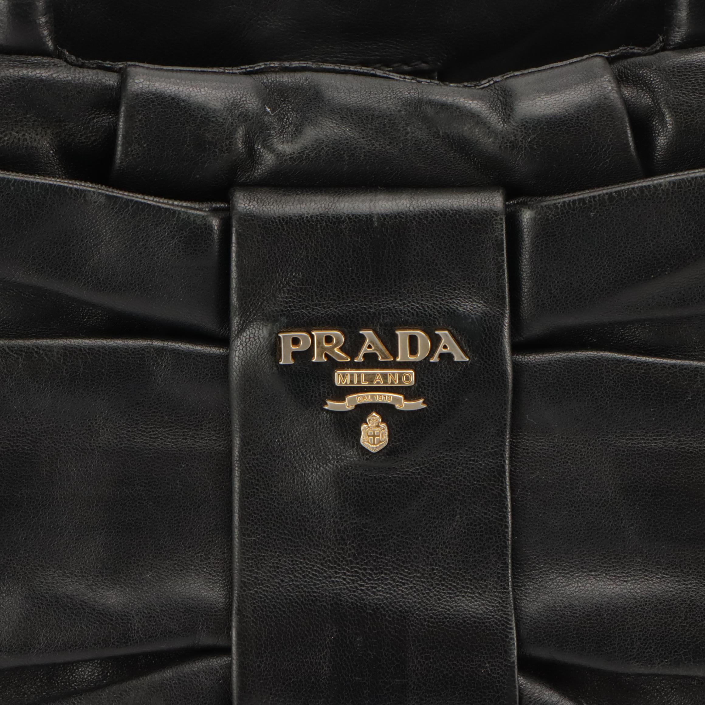 Prada Black Leather Bow Accented Top Handle Bag