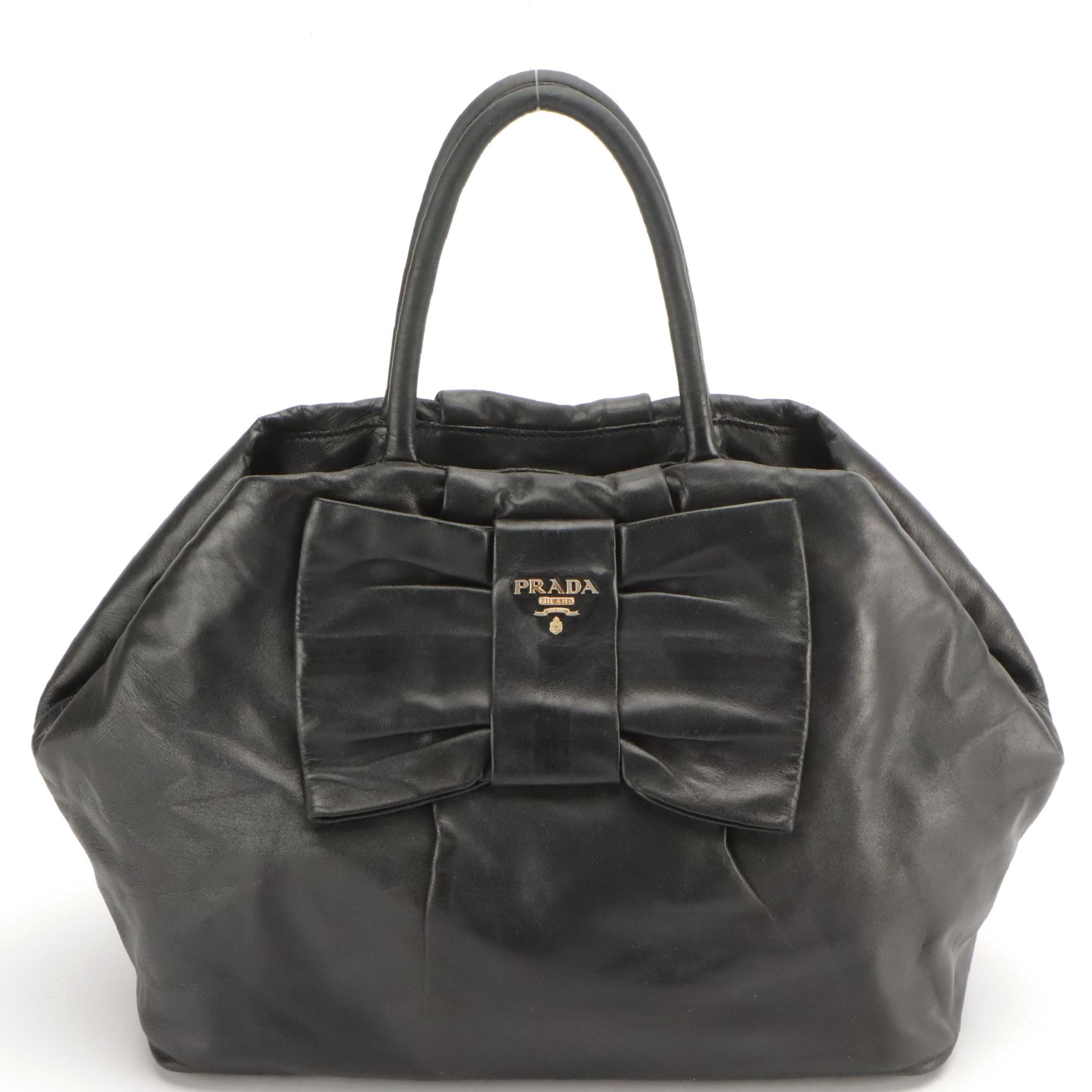 Prada Black Leather Bow Accented Top Handle Bag