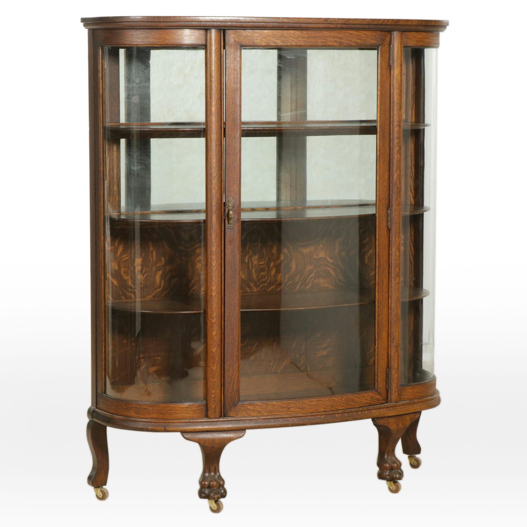 Victorian Oak Bow Front Display Cabinet with Lion's Paw Feet