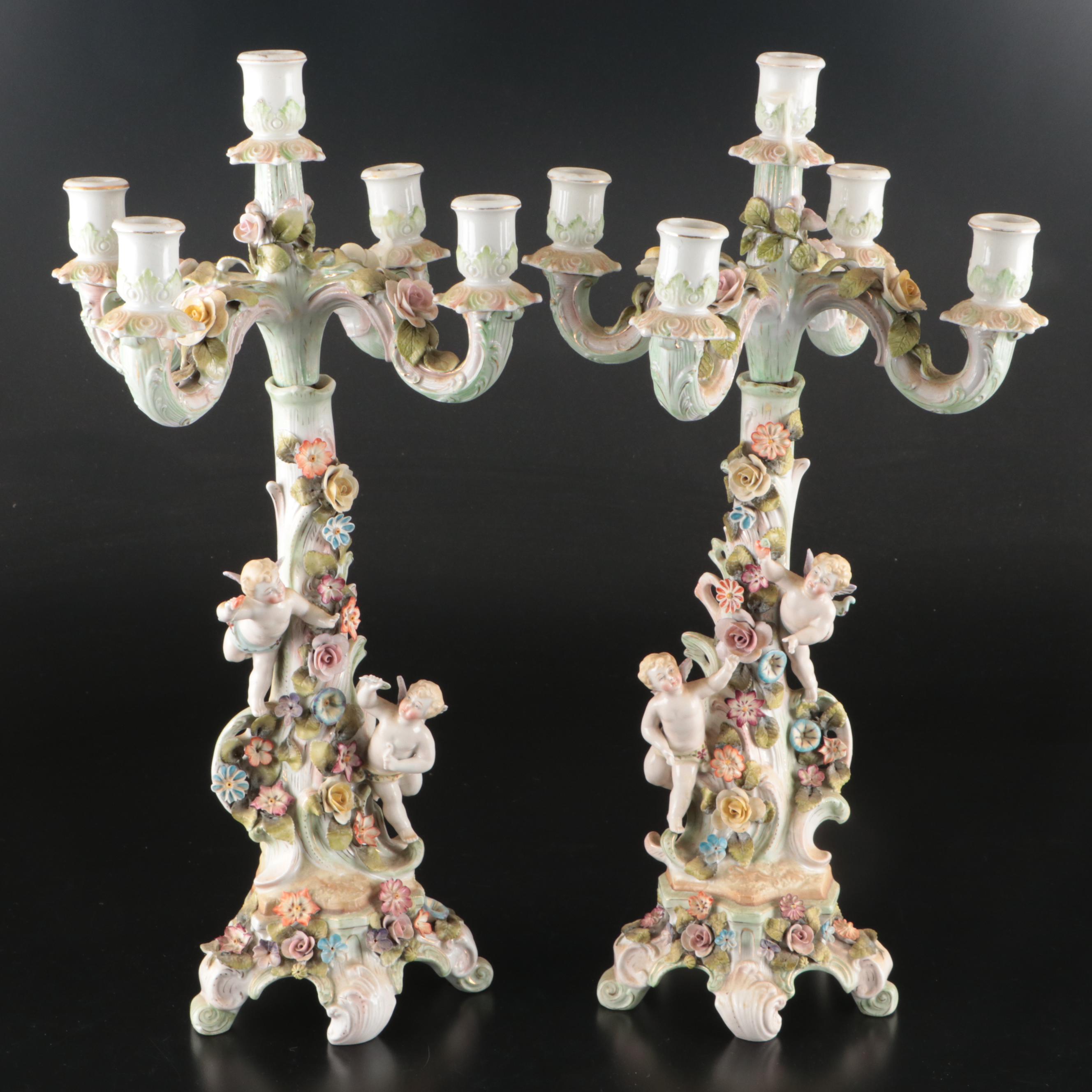 Dresden Style Porcelain Candelabras with Applied Cherub and Floral Decoration