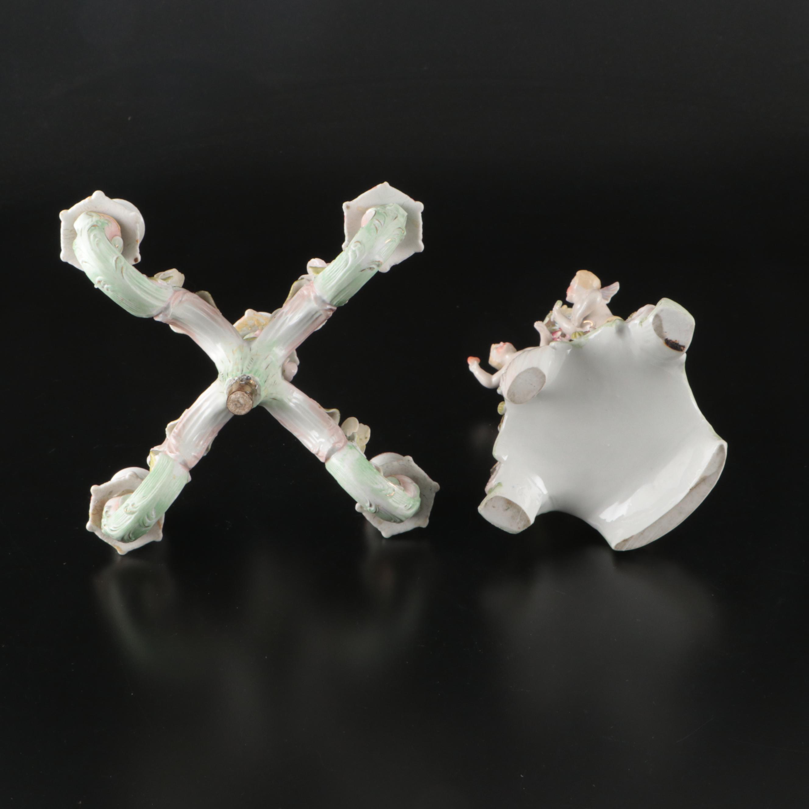 Dresden Style Porcelain Candelabras with Applied Cherub and Floral Decoration