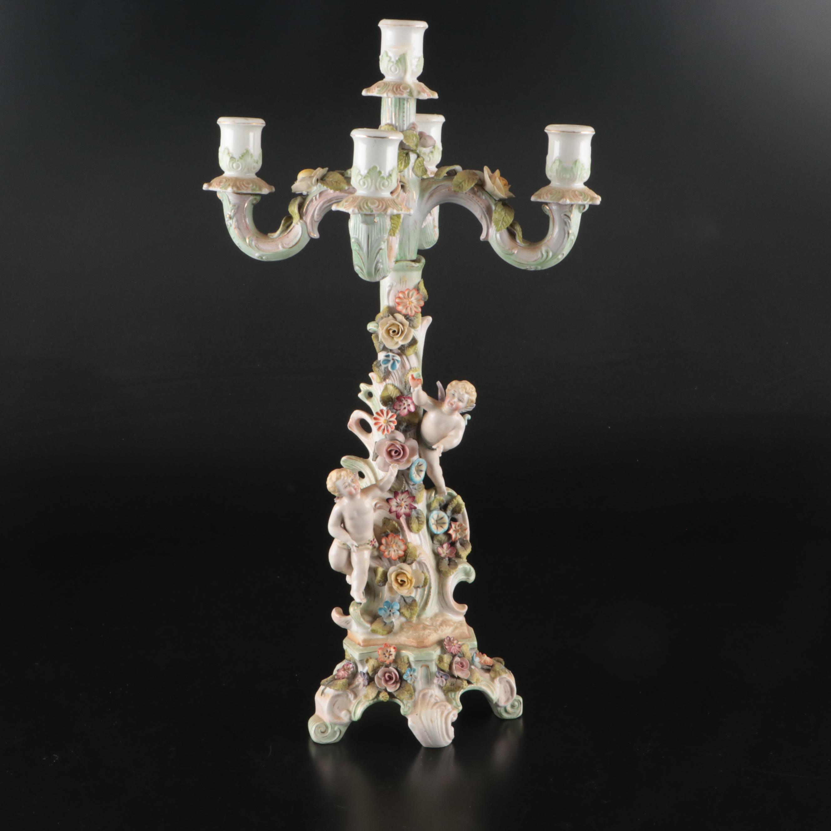 Dresden Style Porcelain Candelabras with Applied Cherub and Floral Decoration