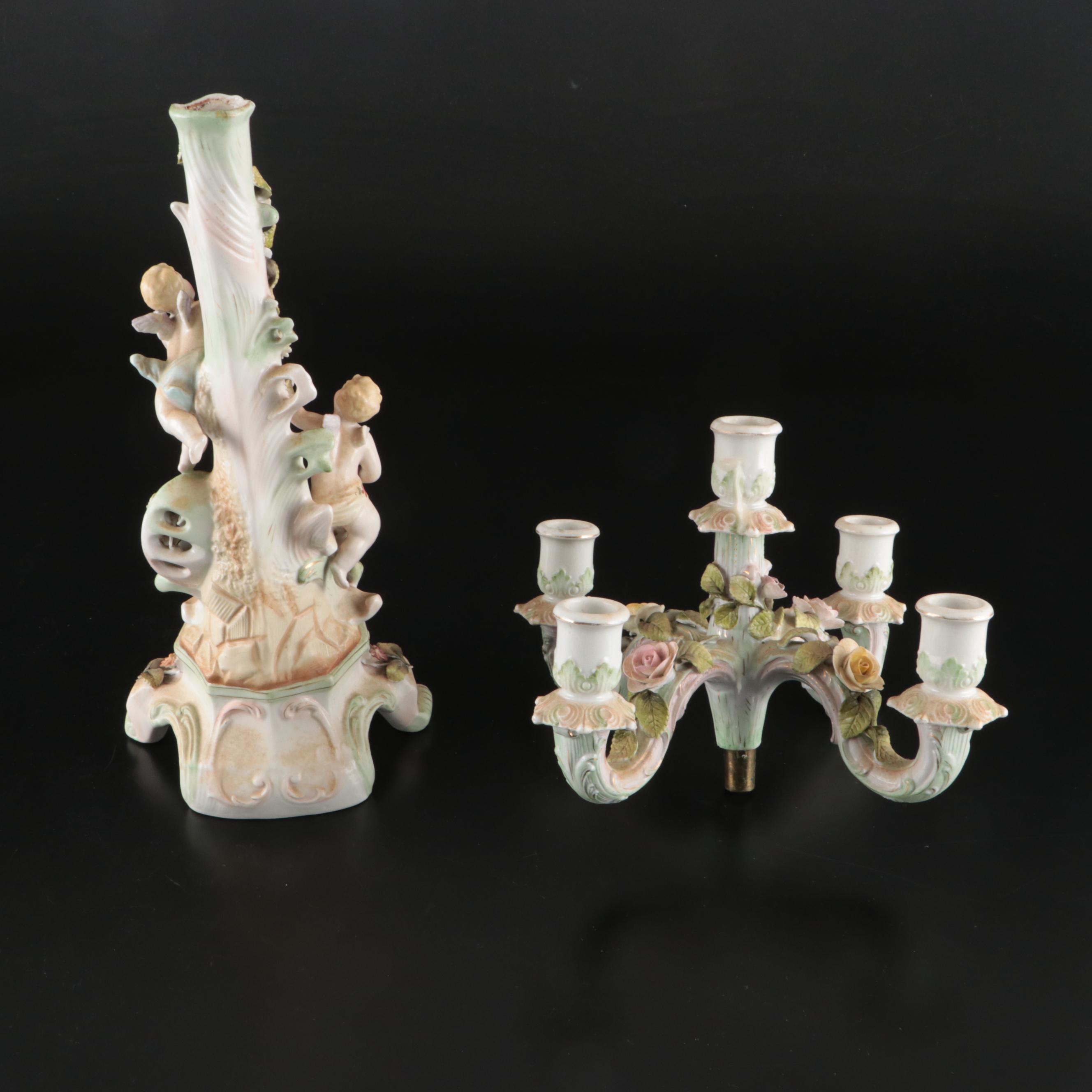 Dresden Style Porcelain Candelabras with Applied Cherub and Floral Decoration