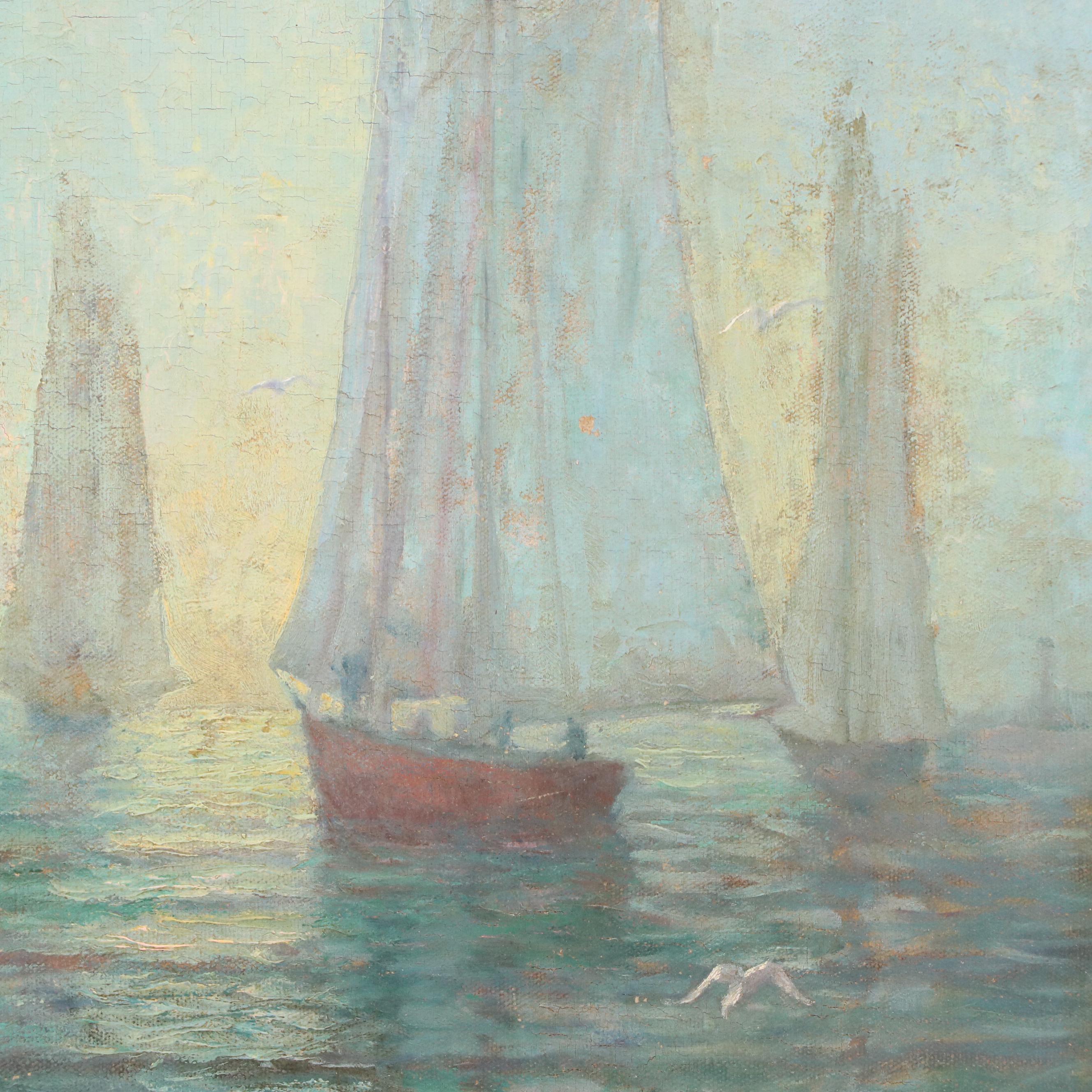 William A. Kinnicutt Maritime Oil Painting of Sailboats, Circa 1900