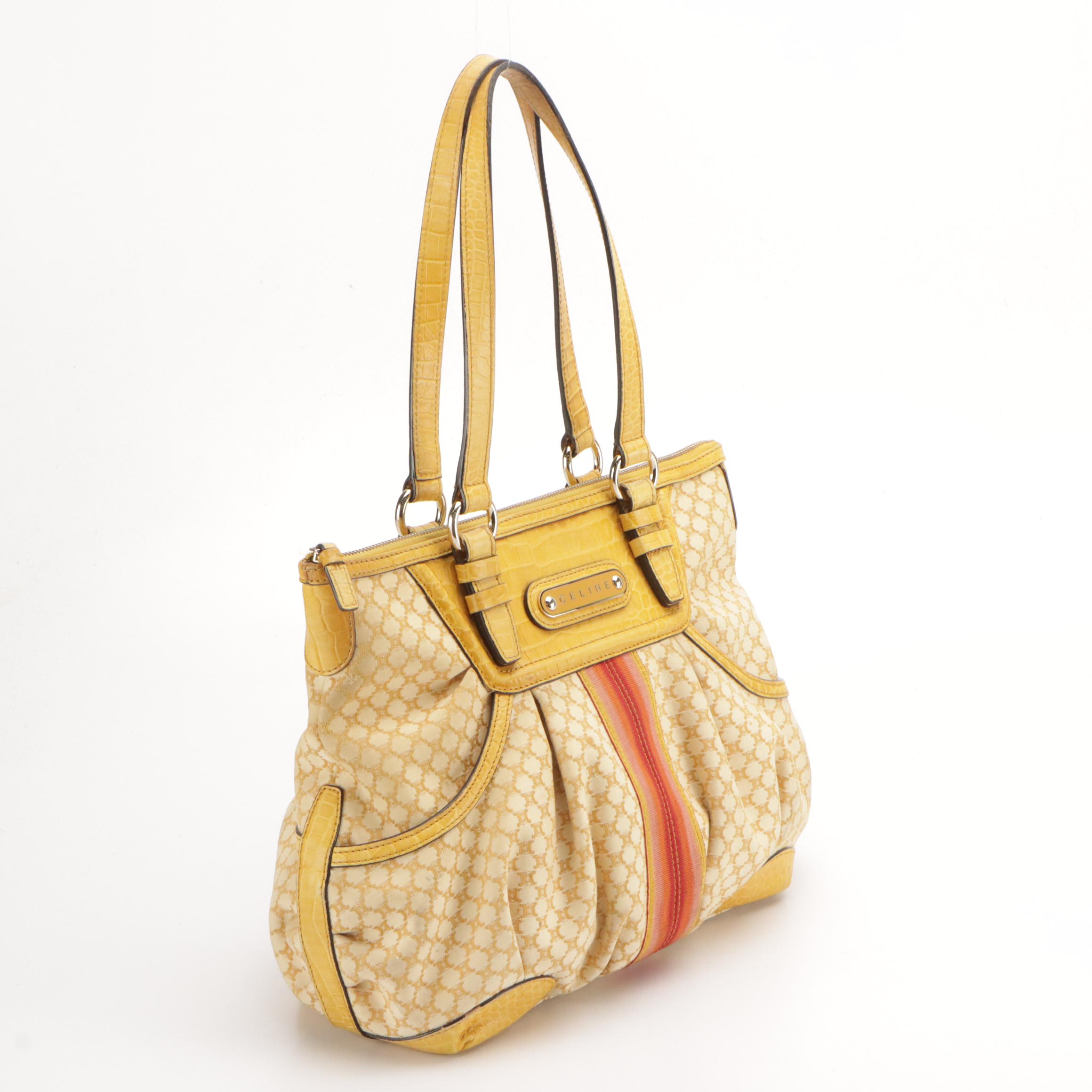 Celine Striped Yellow Macadam Canvas and Croc Embossed Leather Shoulder Bag