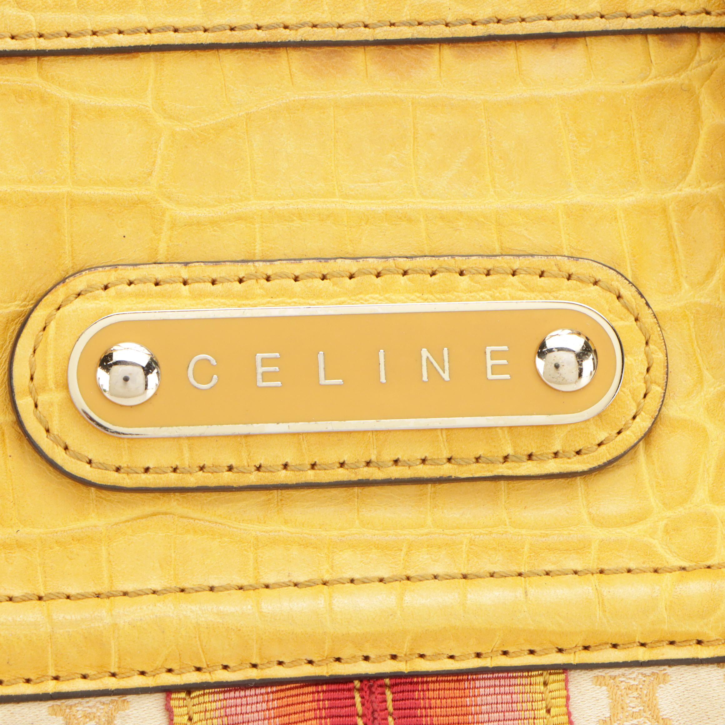 Celine Striped Yellow Macadam Canvas and Croc Embossed Leather Shoulder Bag