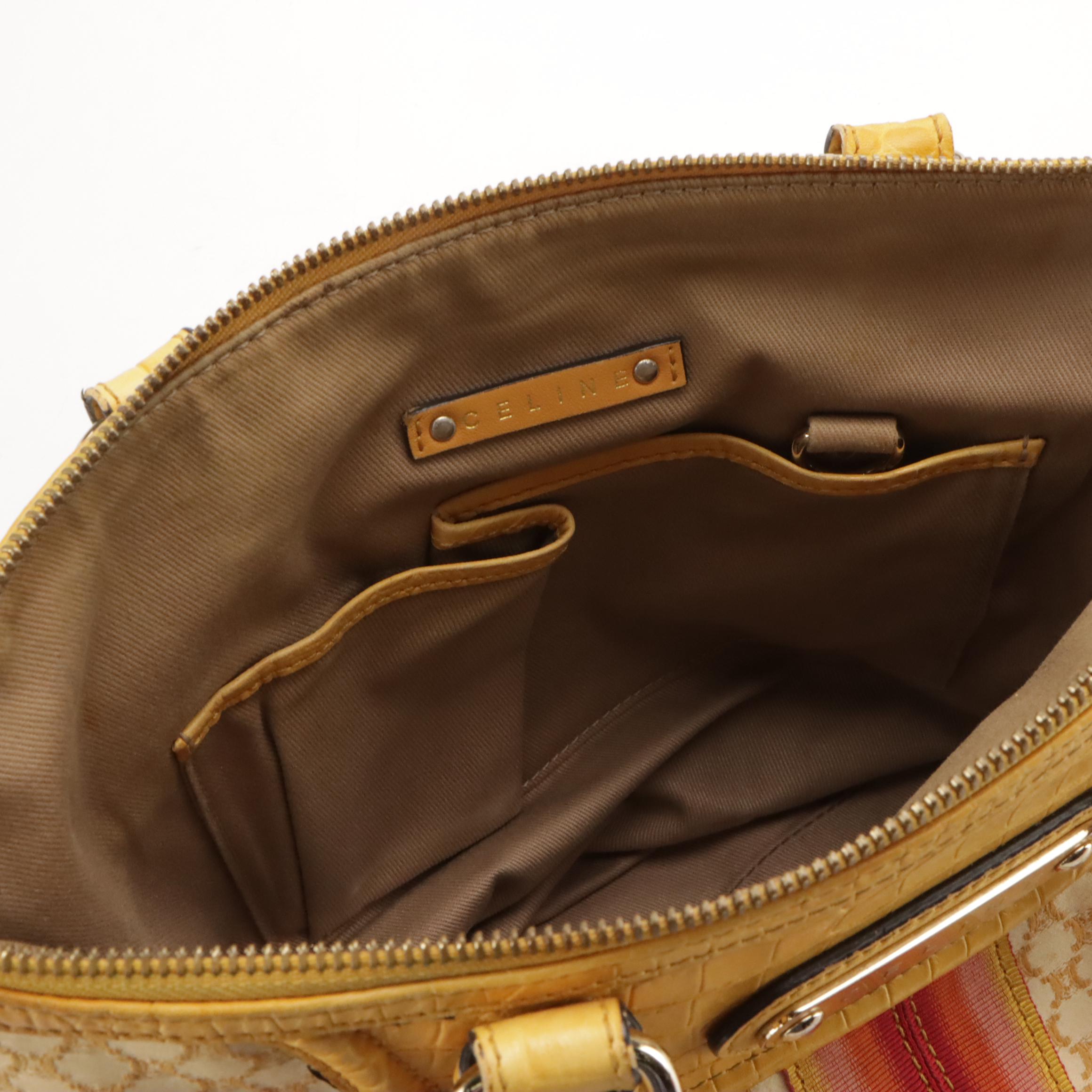 Celine Striped Yellow Macadam Canvas and Croc Embossed Leather Shoulder Bag