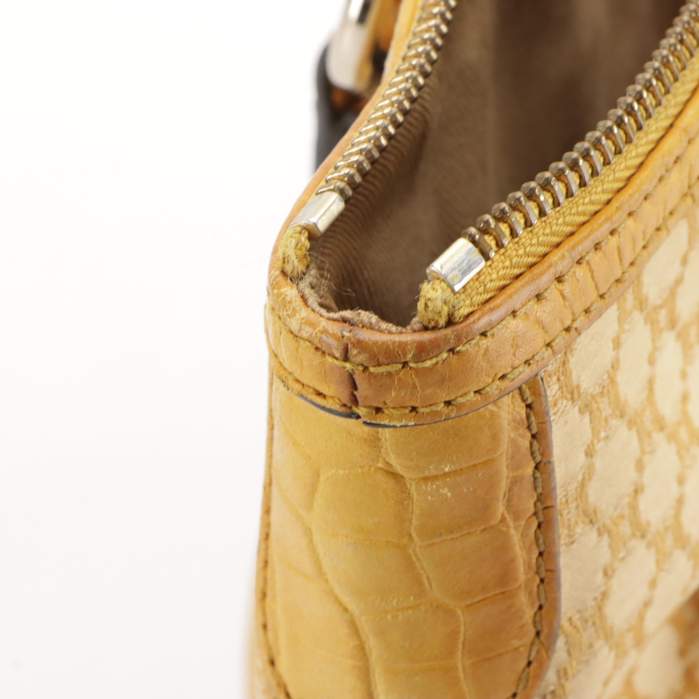 Celine Striped Yellow Macadam Canvas and Croc Embossed Leather Shoulder Bag