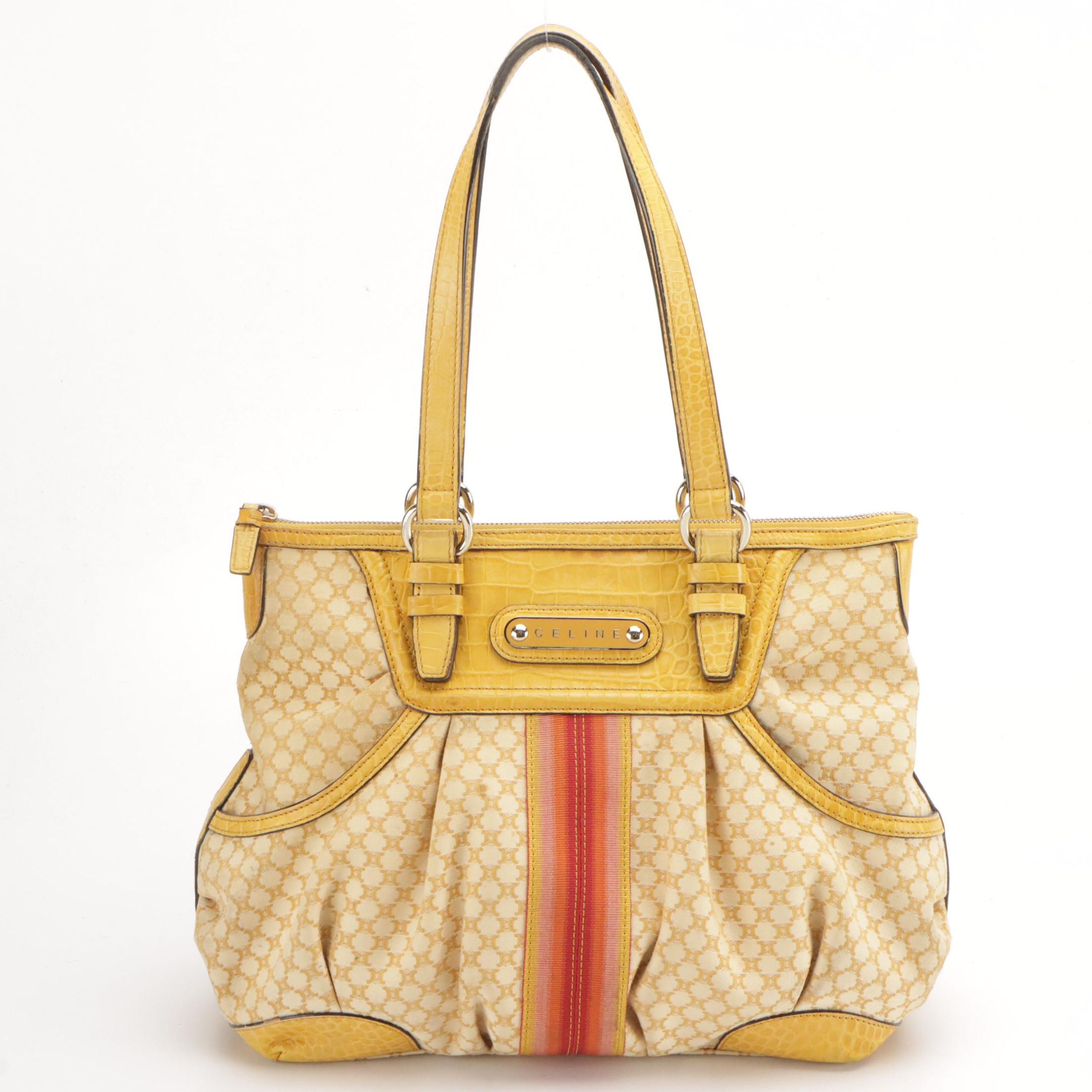 Celine Striped Yellow Macadam Canvas and Croc Embossed Leather Shoulder Bag