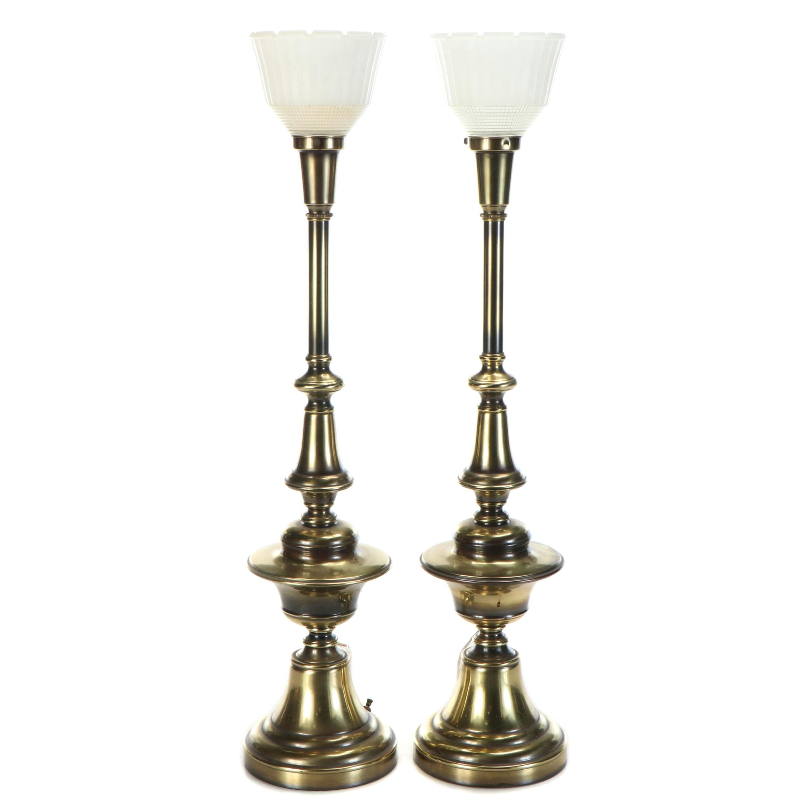 Pair of Rembrandt Style Brass Torchère Table Lamps, Mid to Late 20th Century
