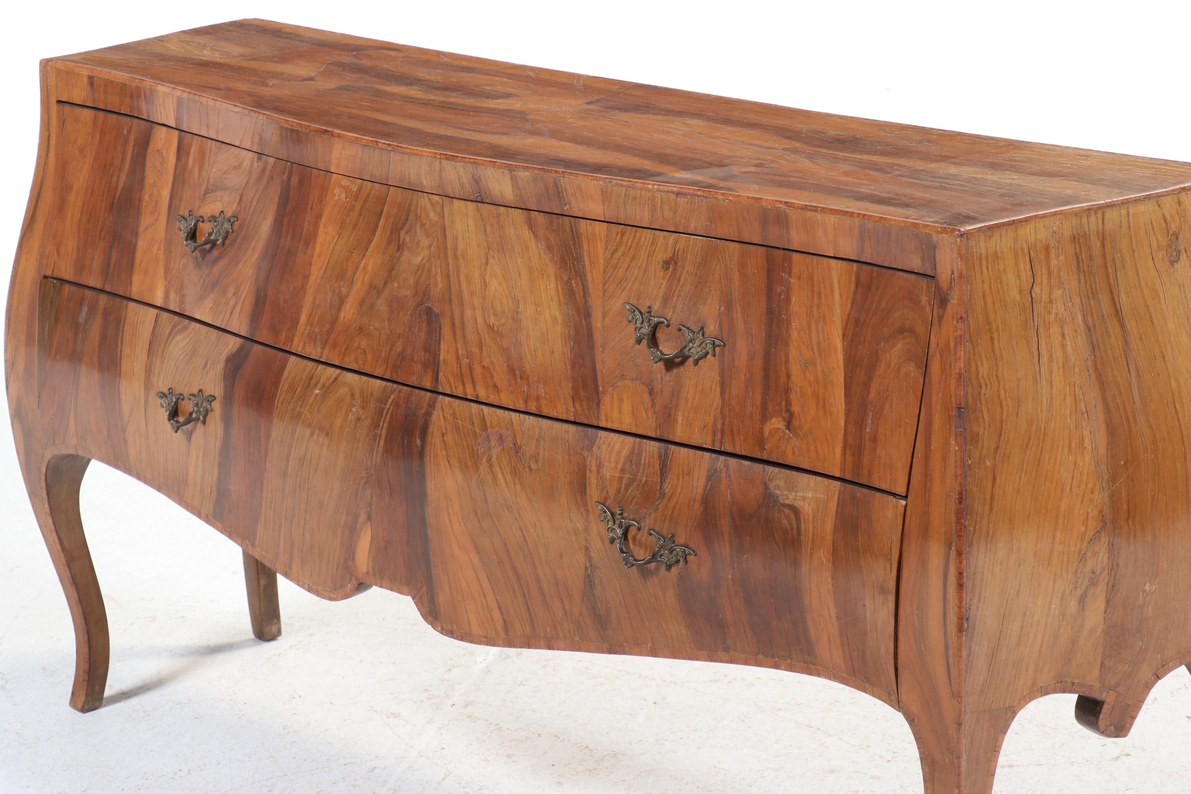 French Louis XV Style Cherry Root Wood Bombé Chest, Antique