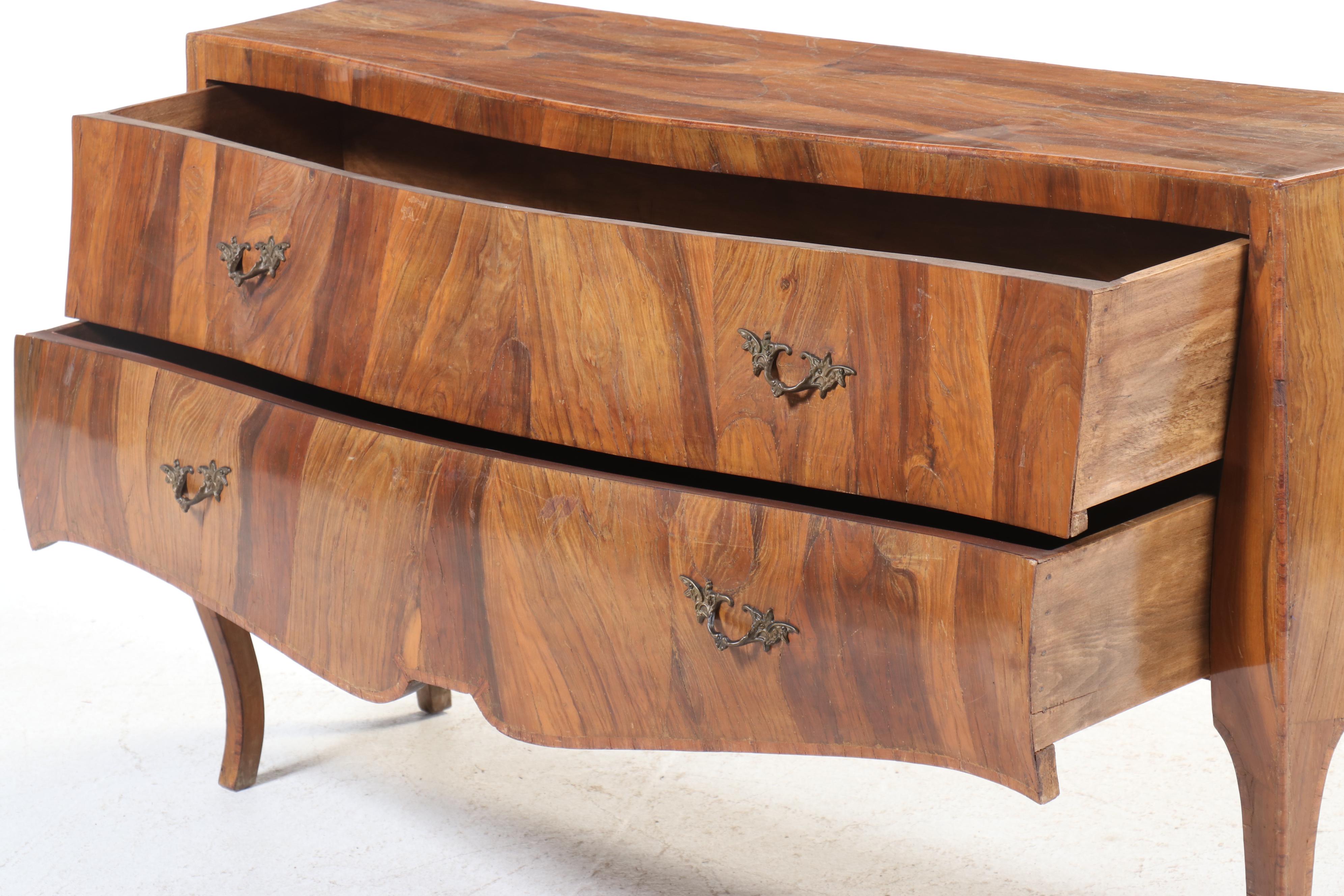 French Louis XV Style Cherry Root Wood Bombé Chest, Antique