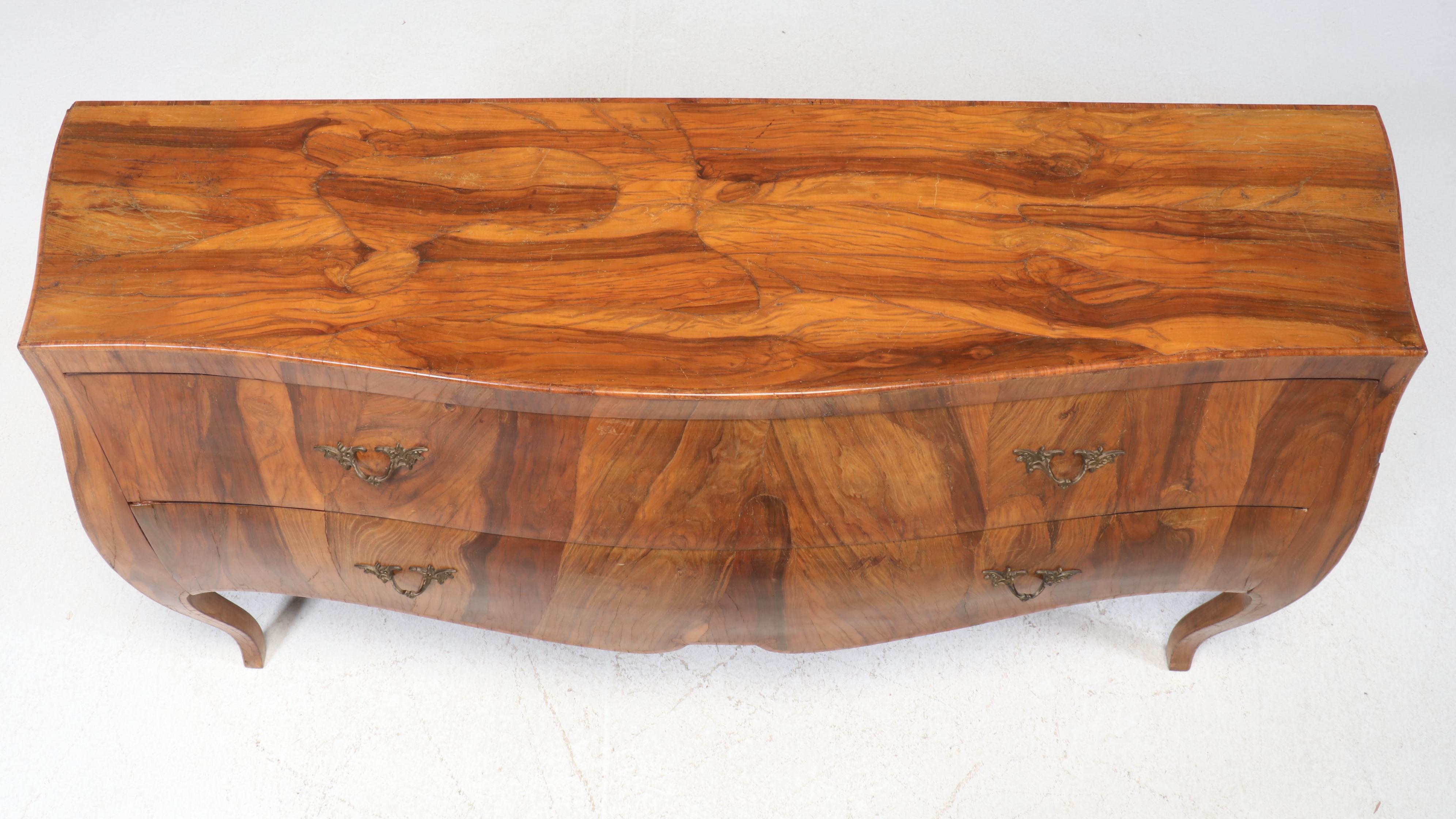 French Louis XV Style Cherry Root Wood Bombé Chest, Antique